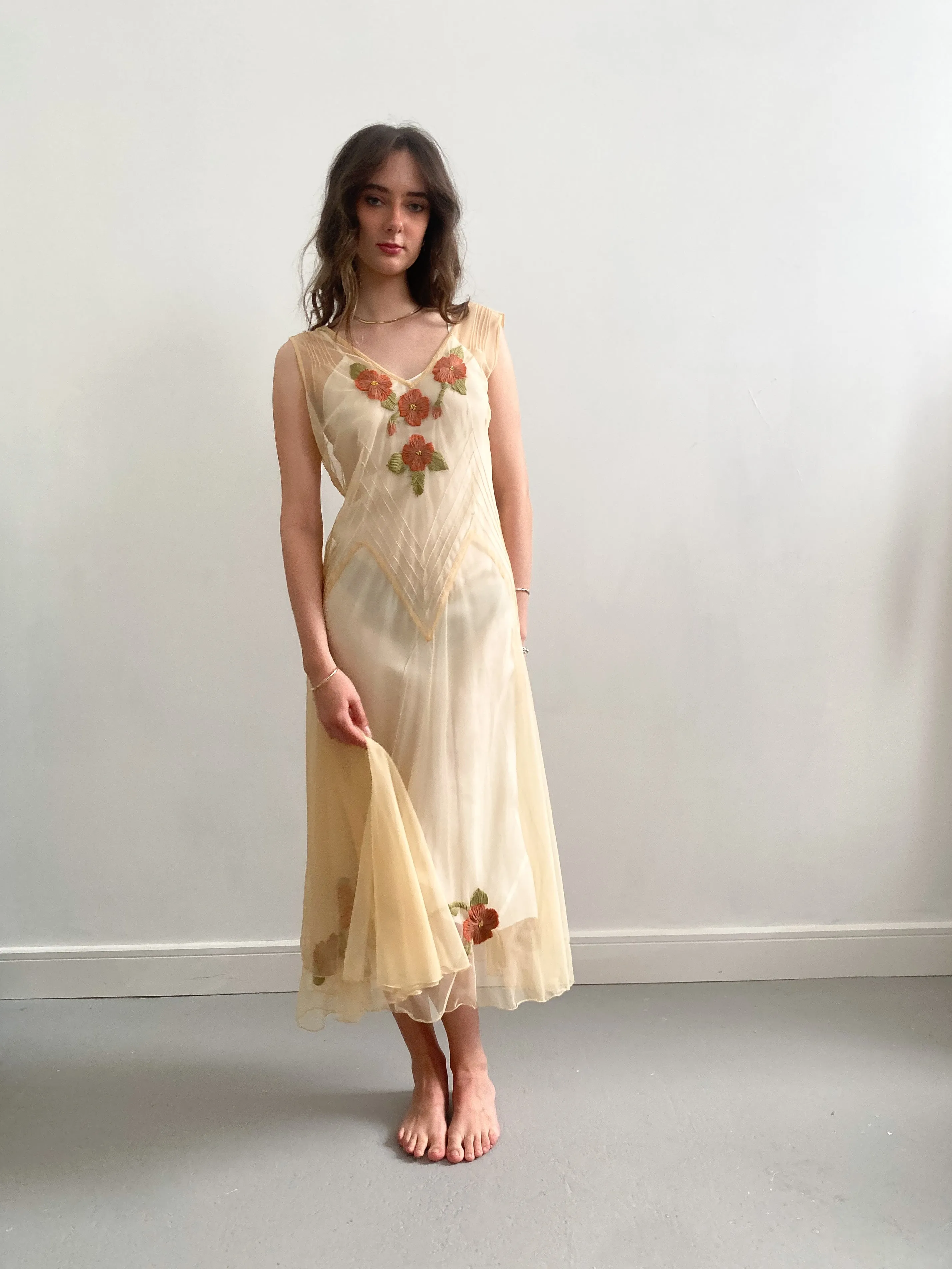 1930s Yellow Net Dress with Flower Embroidery