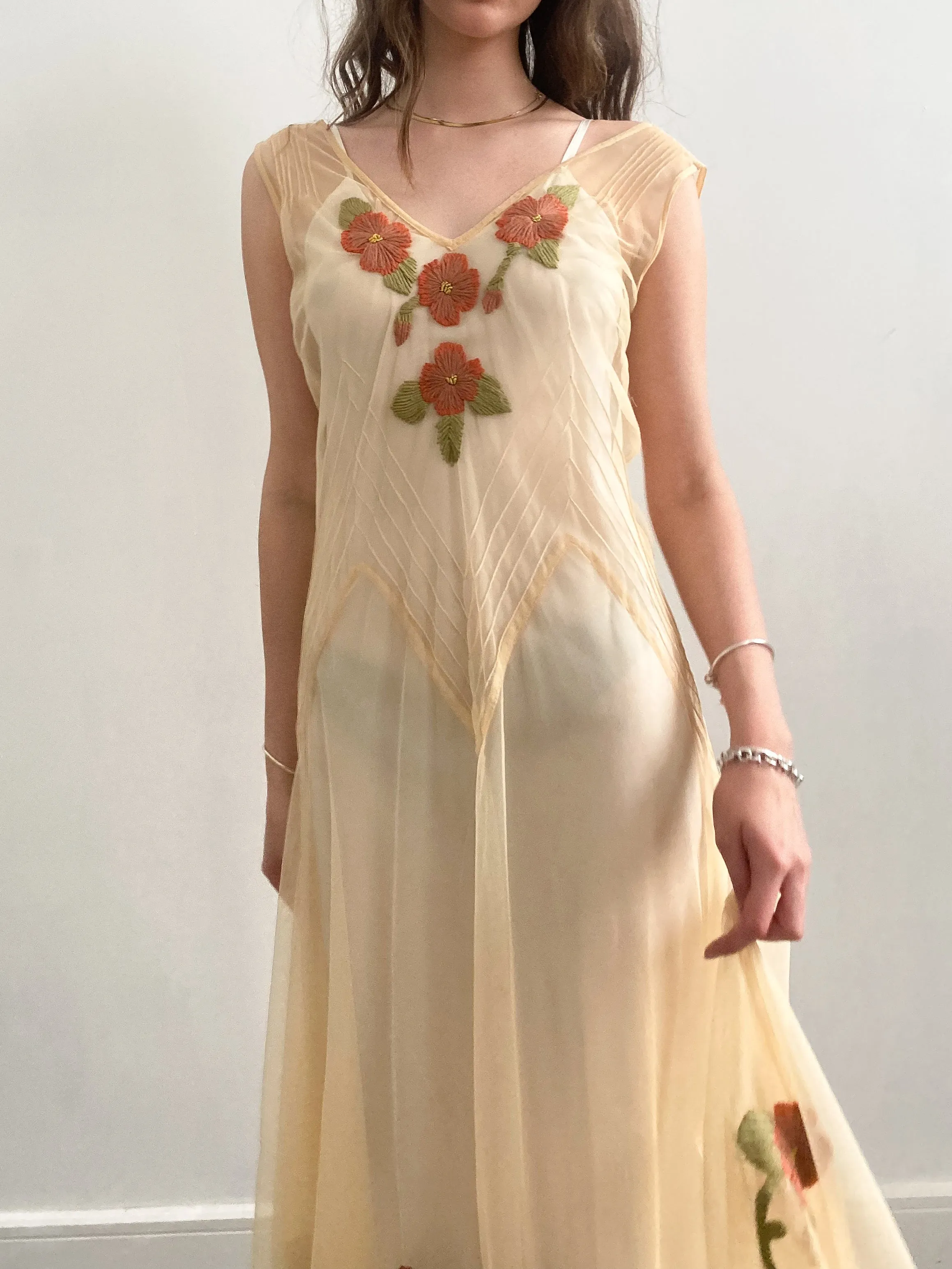 1930s Yellow Net Dress with Flower Embroidery
