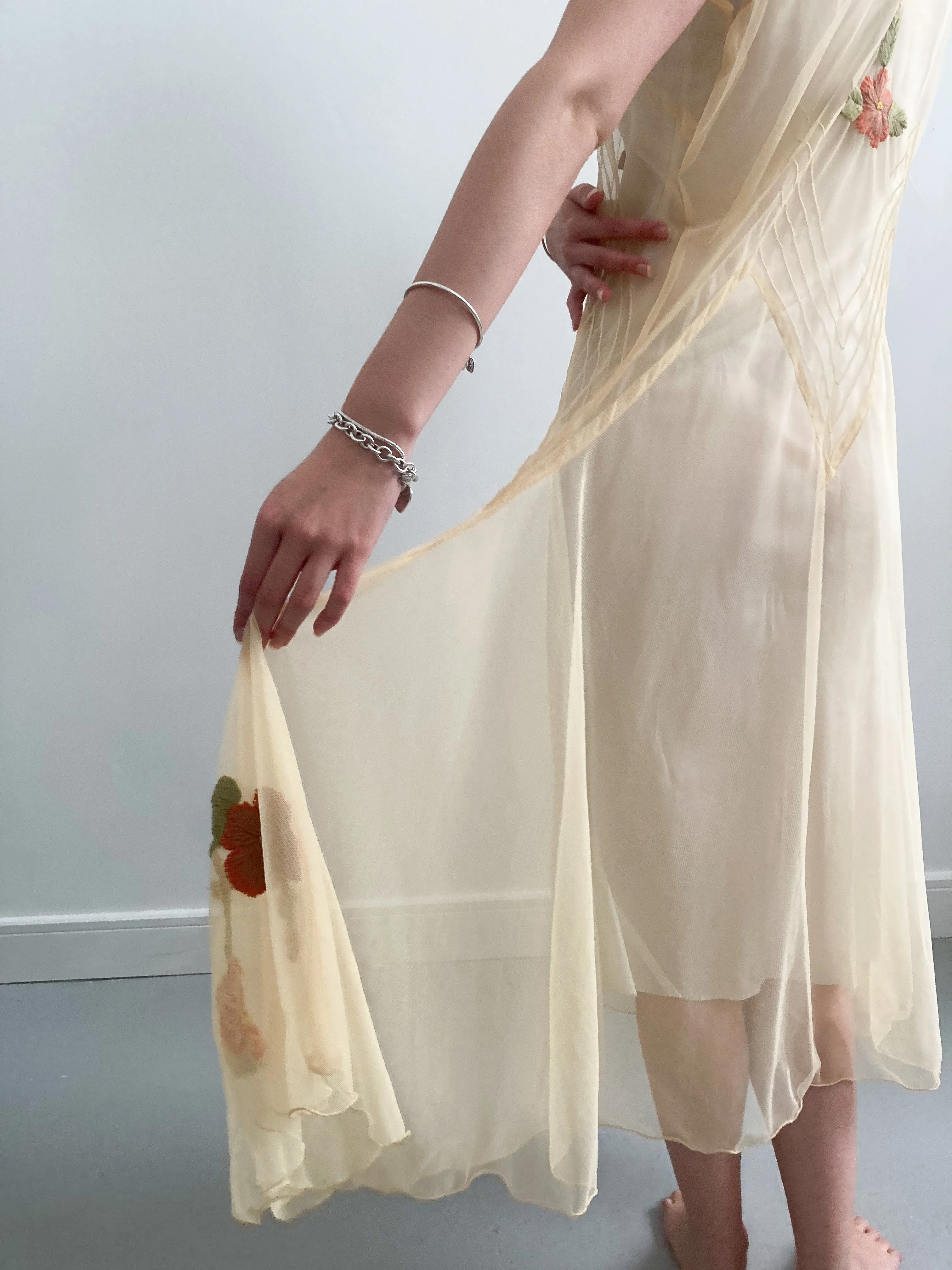 1930s Yellow Net Dress with Flower Embroidery