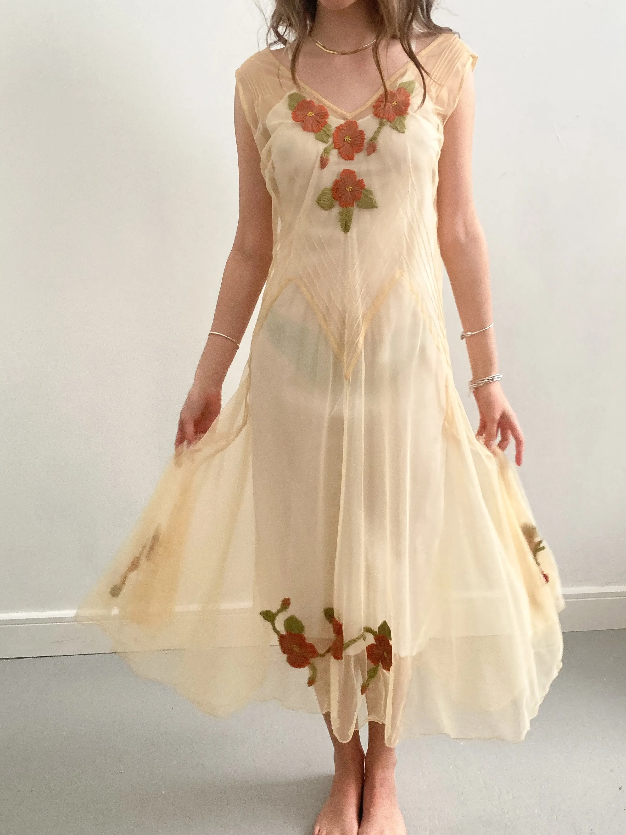 1930s Yellow Net Dress with Flower Embroidery