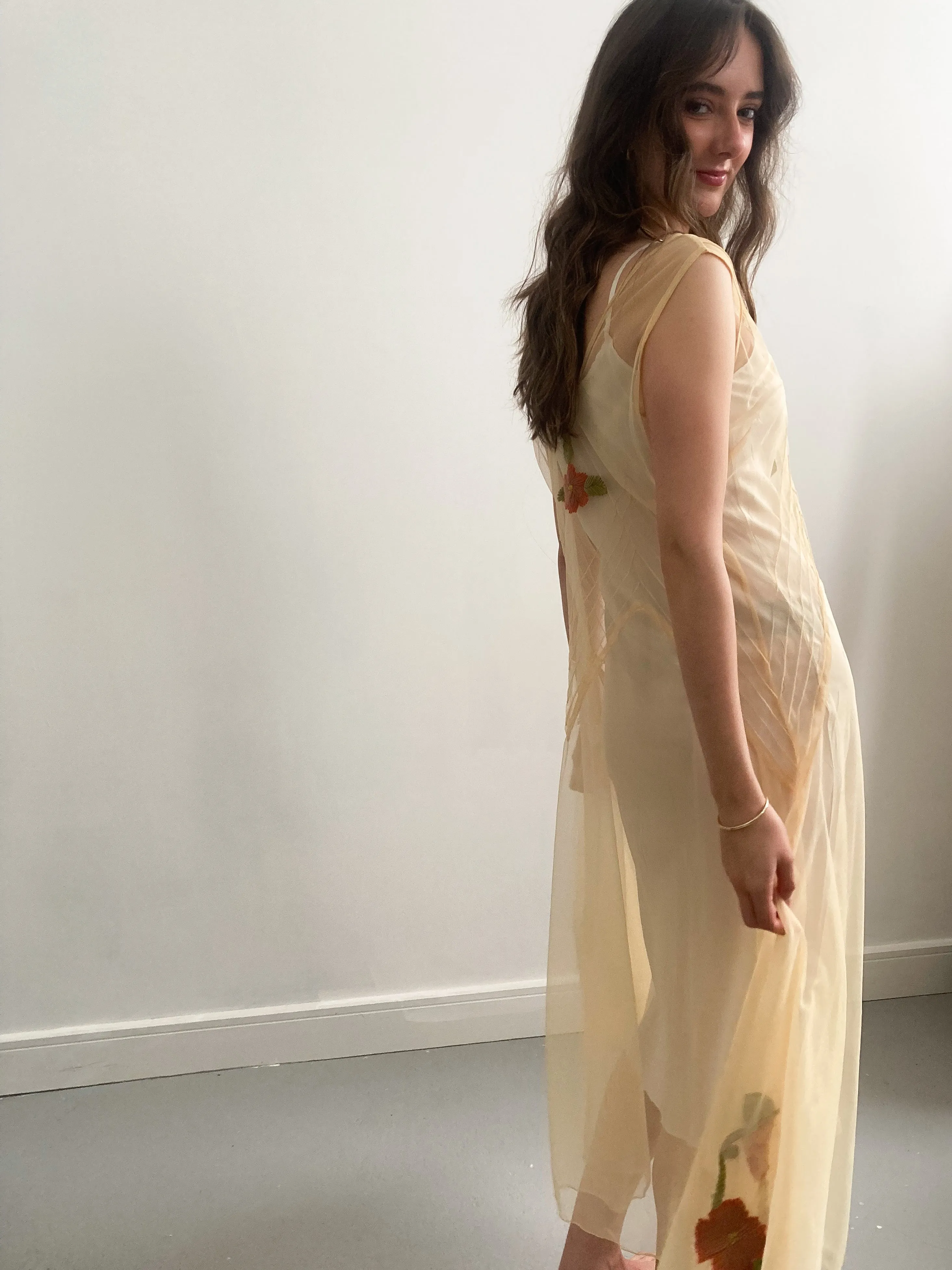 1930s Yellow Net Dress with Flower Embroidery