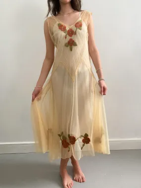 1930s Yellow Net Dress with Flower Embroidery