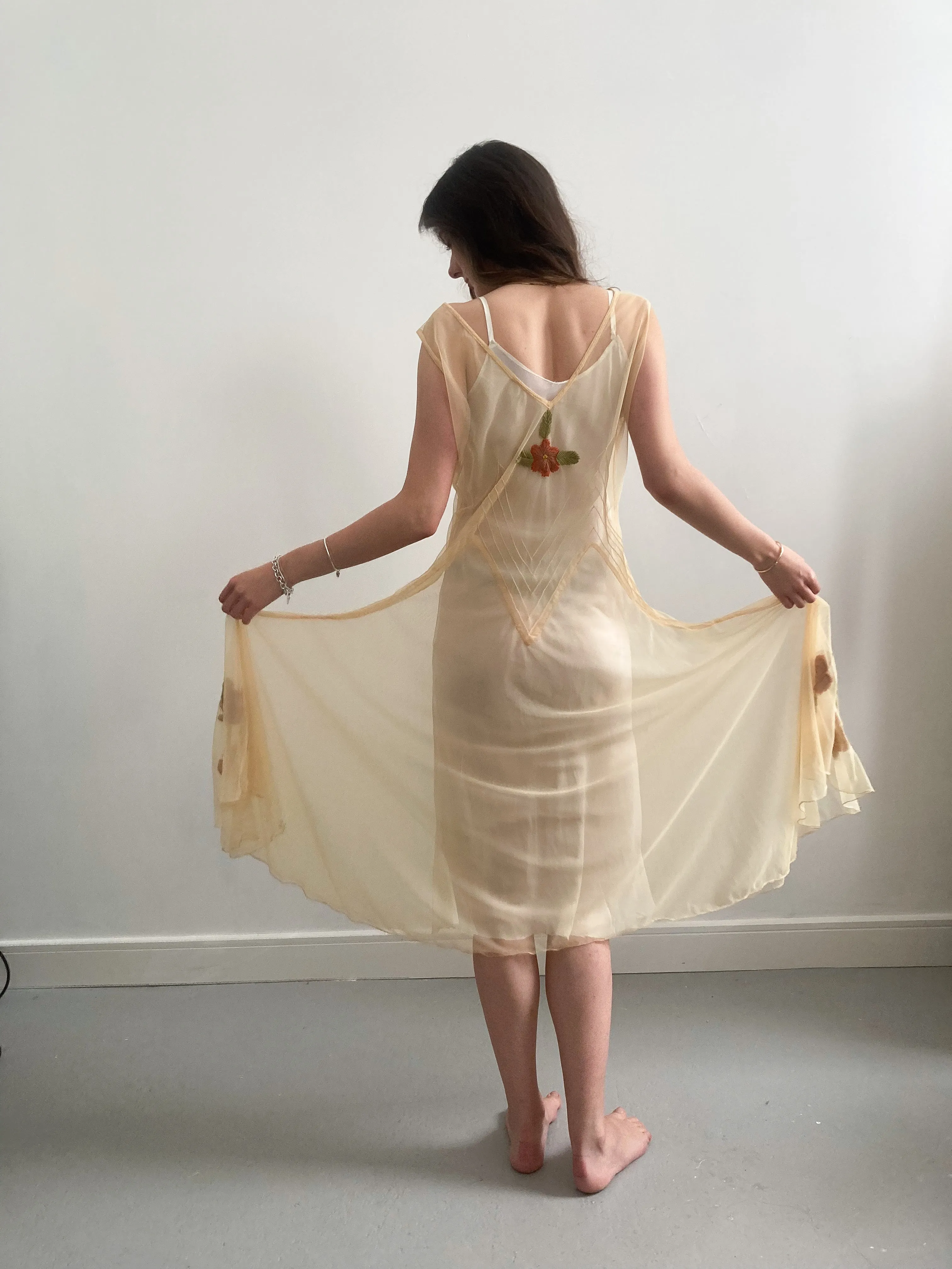 1930s Yellow Net Dress with Flower Embroidery