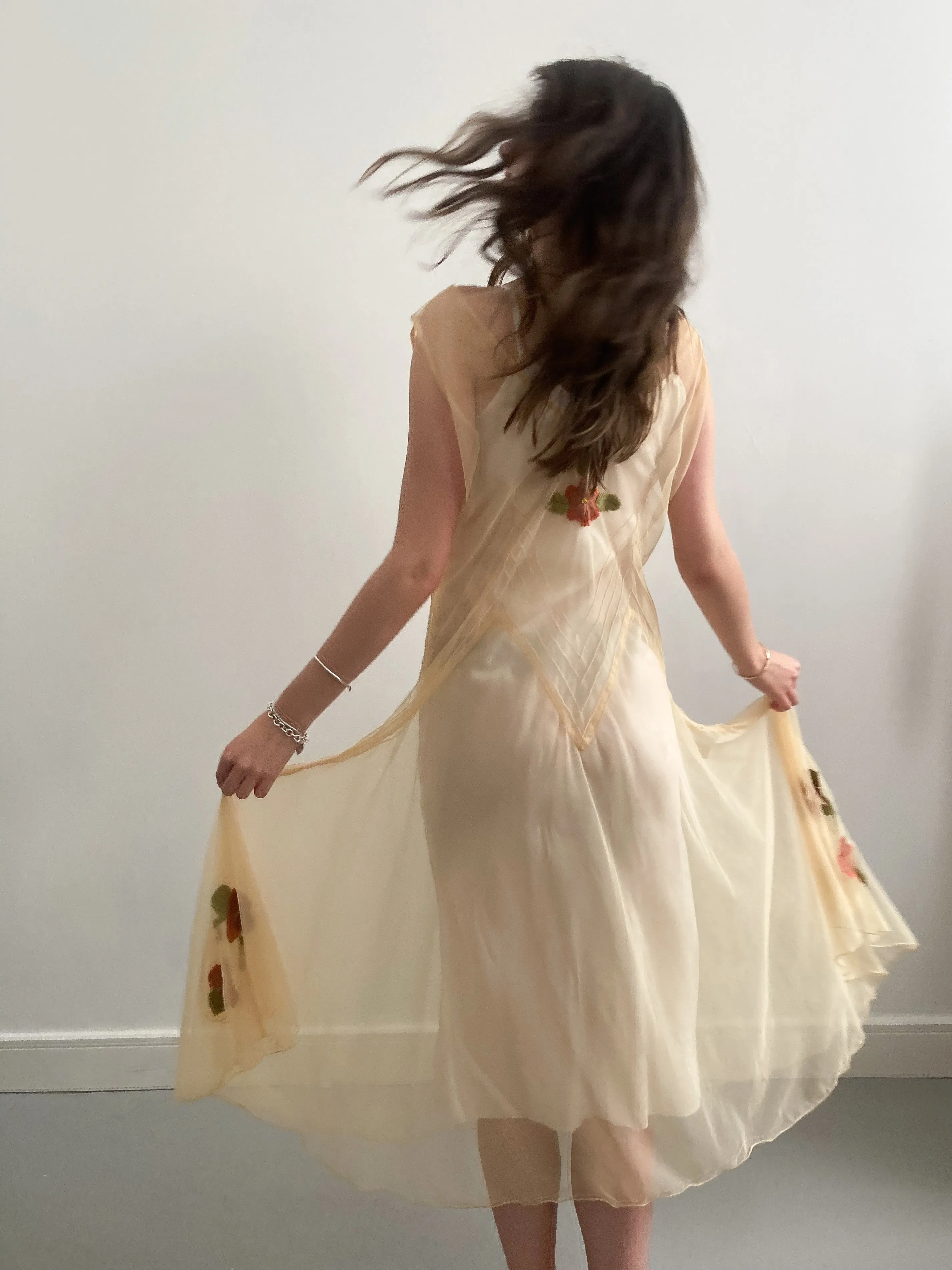 1930s Yellow Net Dress with Flower Embroidery