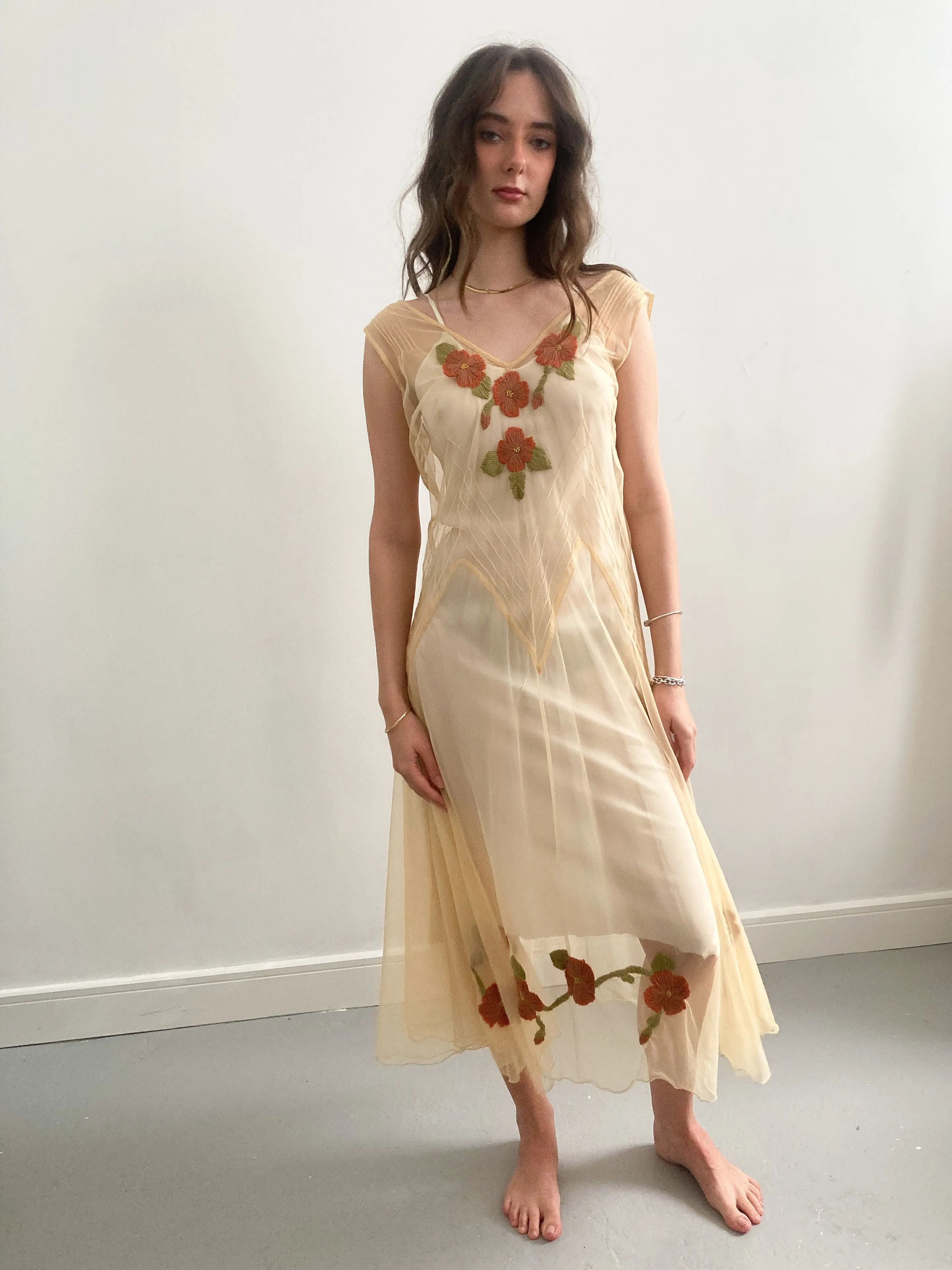 1930s Yellow Net Dress with Flower Embroidery
