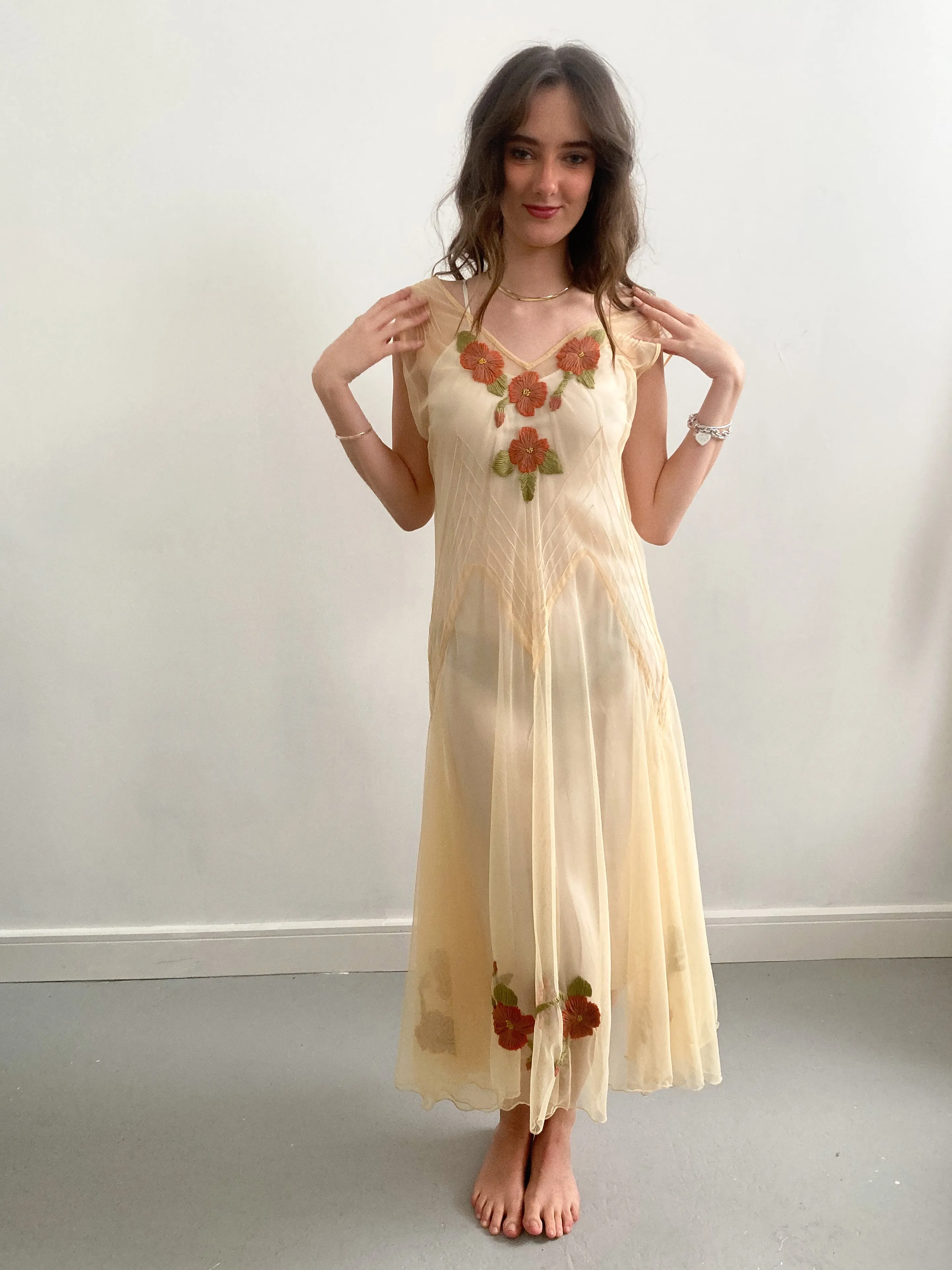 1930s Yellow Net Dress with Flower Embroidery