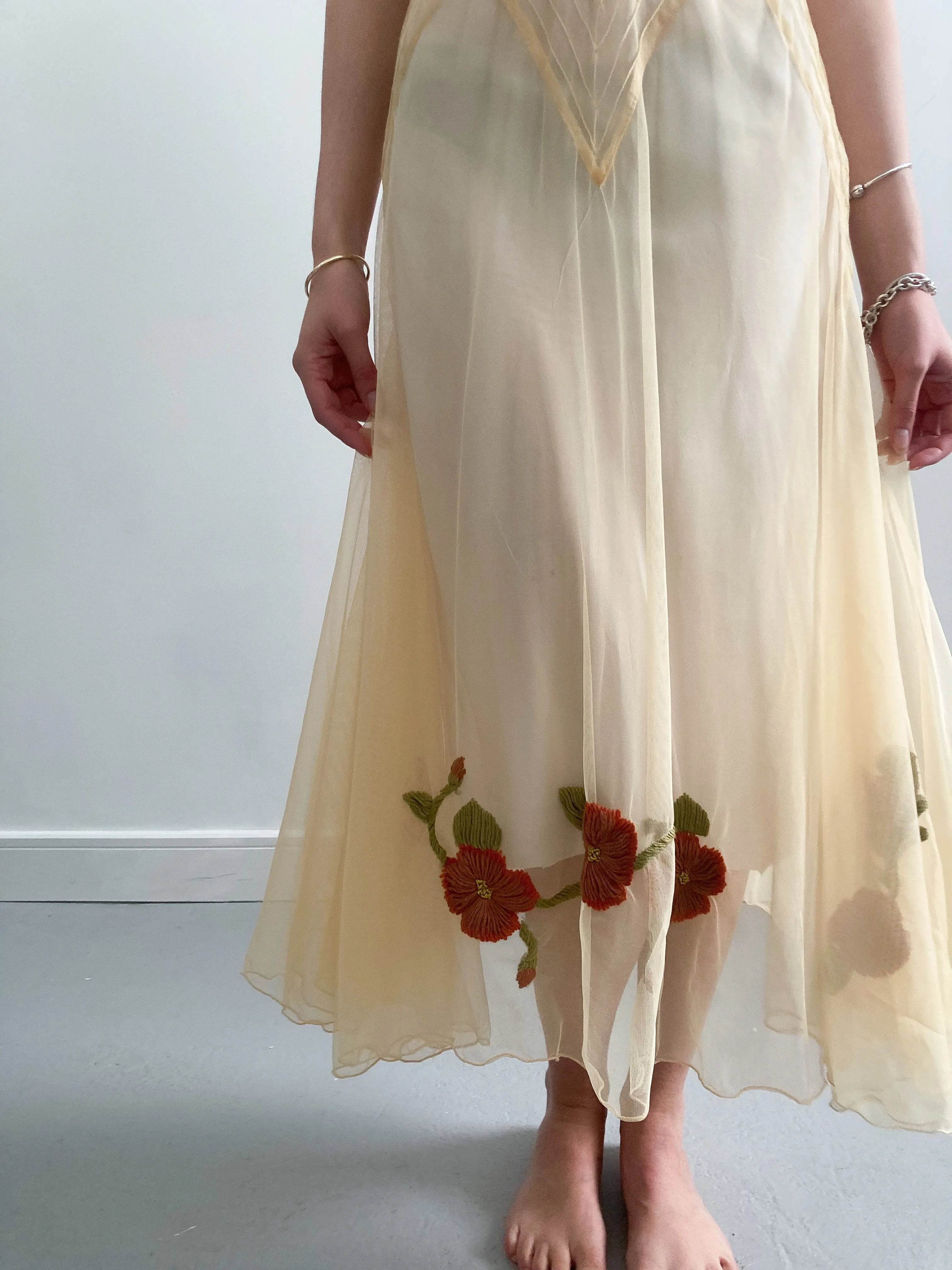 1930s Yellow Net Dress with Flower Embroidery