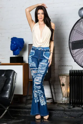 2113 Women's High Waisted Distressed Flare Jeans with Cut Outs