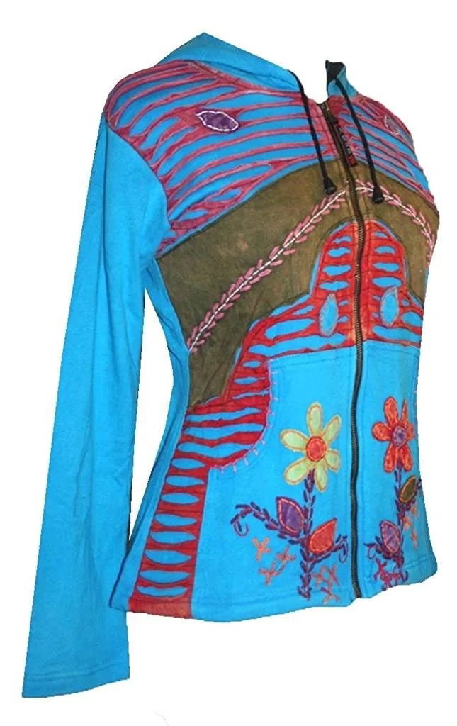 309 FRJ Bohemian Multi Patched Asymmetric Fleece Hoodie Jacket