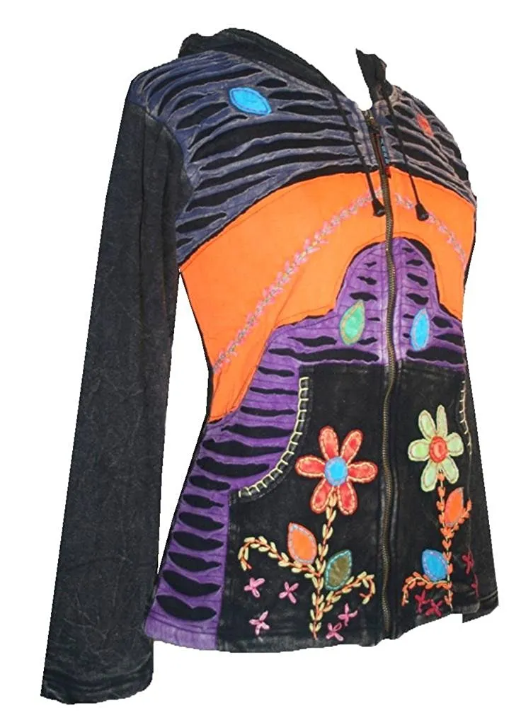 309 FRJ Bohemian Multi Patched Asymmetric Fleece Hoodie Jacket