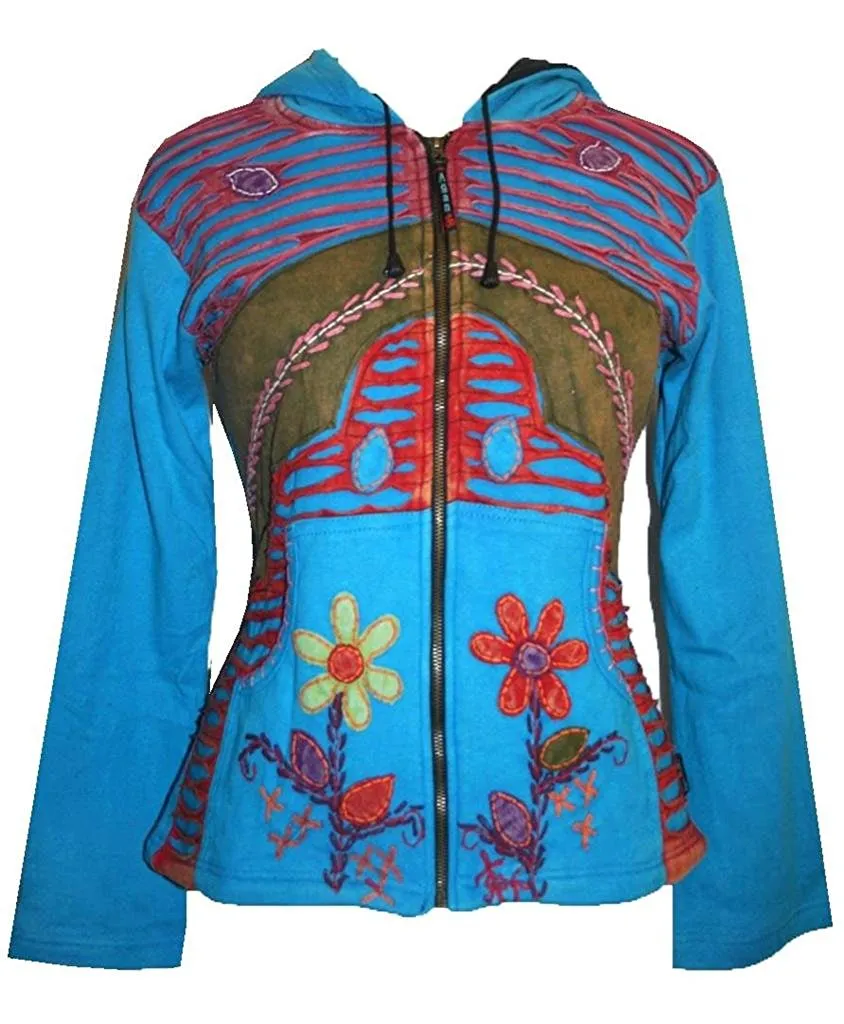 309 FRJ Bohemian Multi Patched Asymmetric Fleece Hoodie Jacket