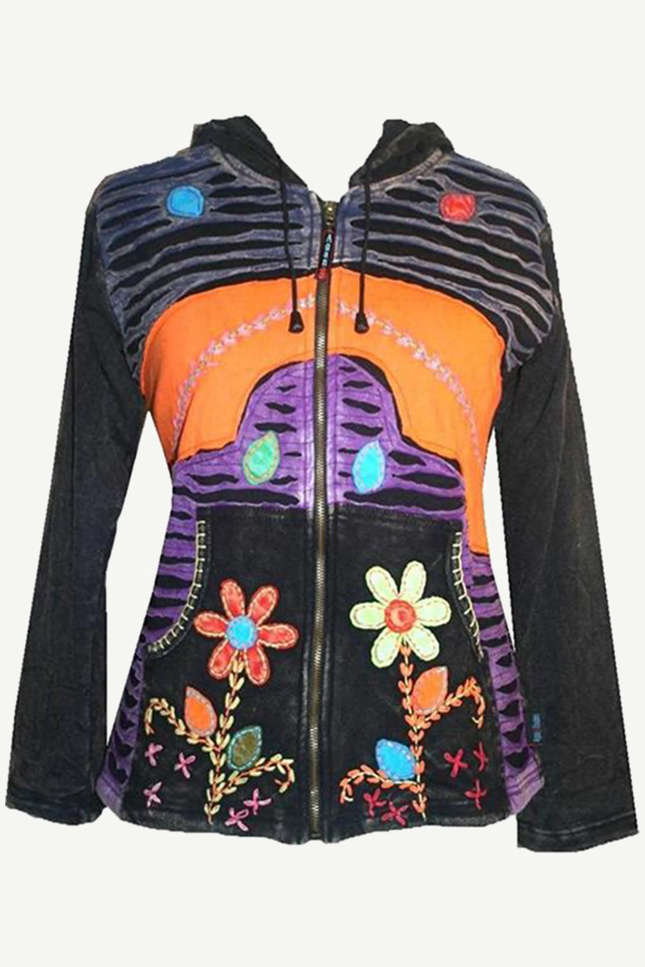 309 FRJ Bohemian Multi Patched Asymmetric Fleece Hoodie Jacket