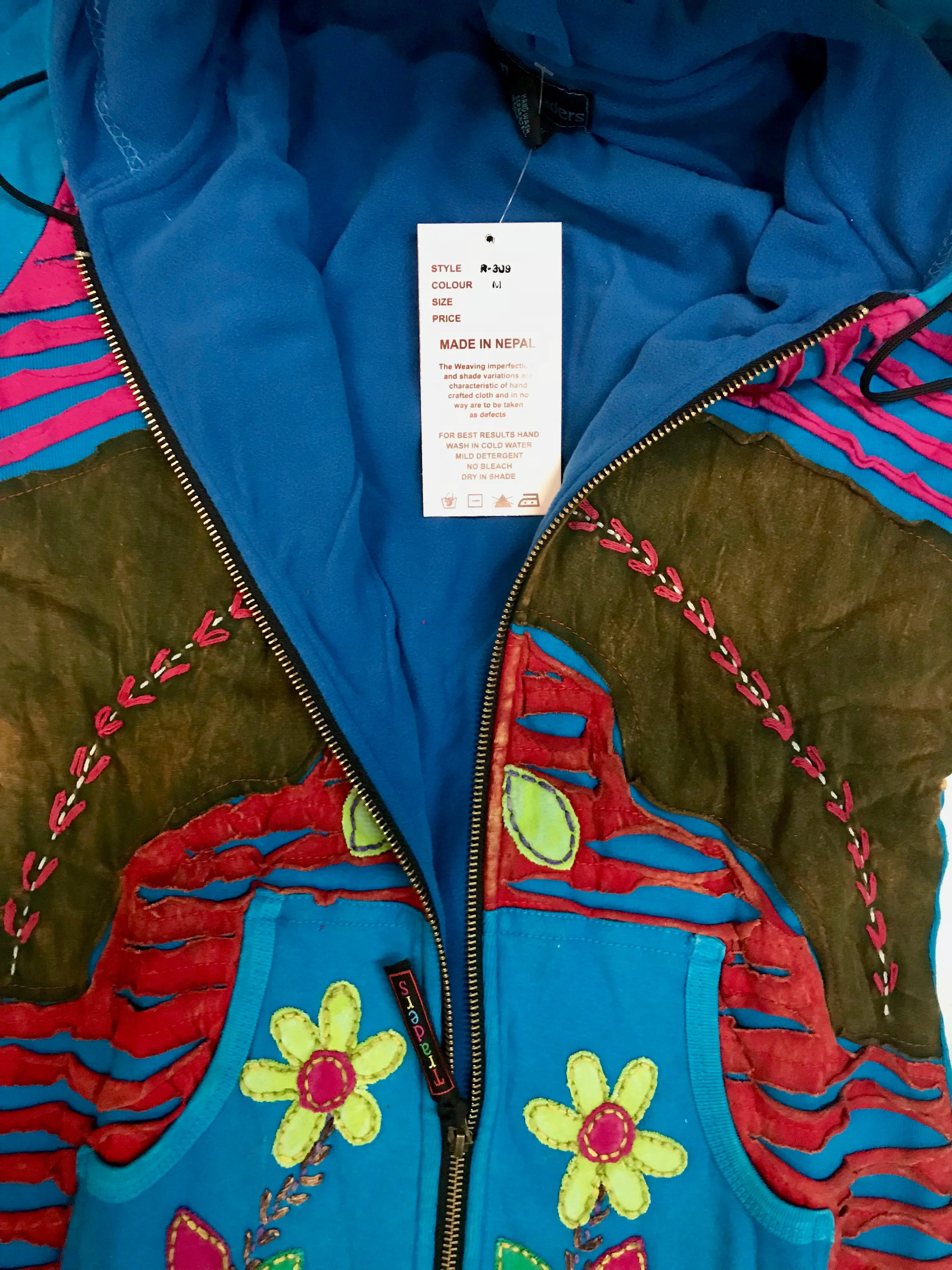 309 FRJ Bohemian Multi Patched Asymmetric Fleece Hoodie Jacket