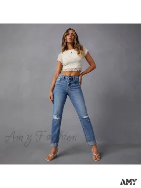 Amy Fashion - Stretch Blue High Waist Ripped Casual Fashion Streetwear Denim Jean