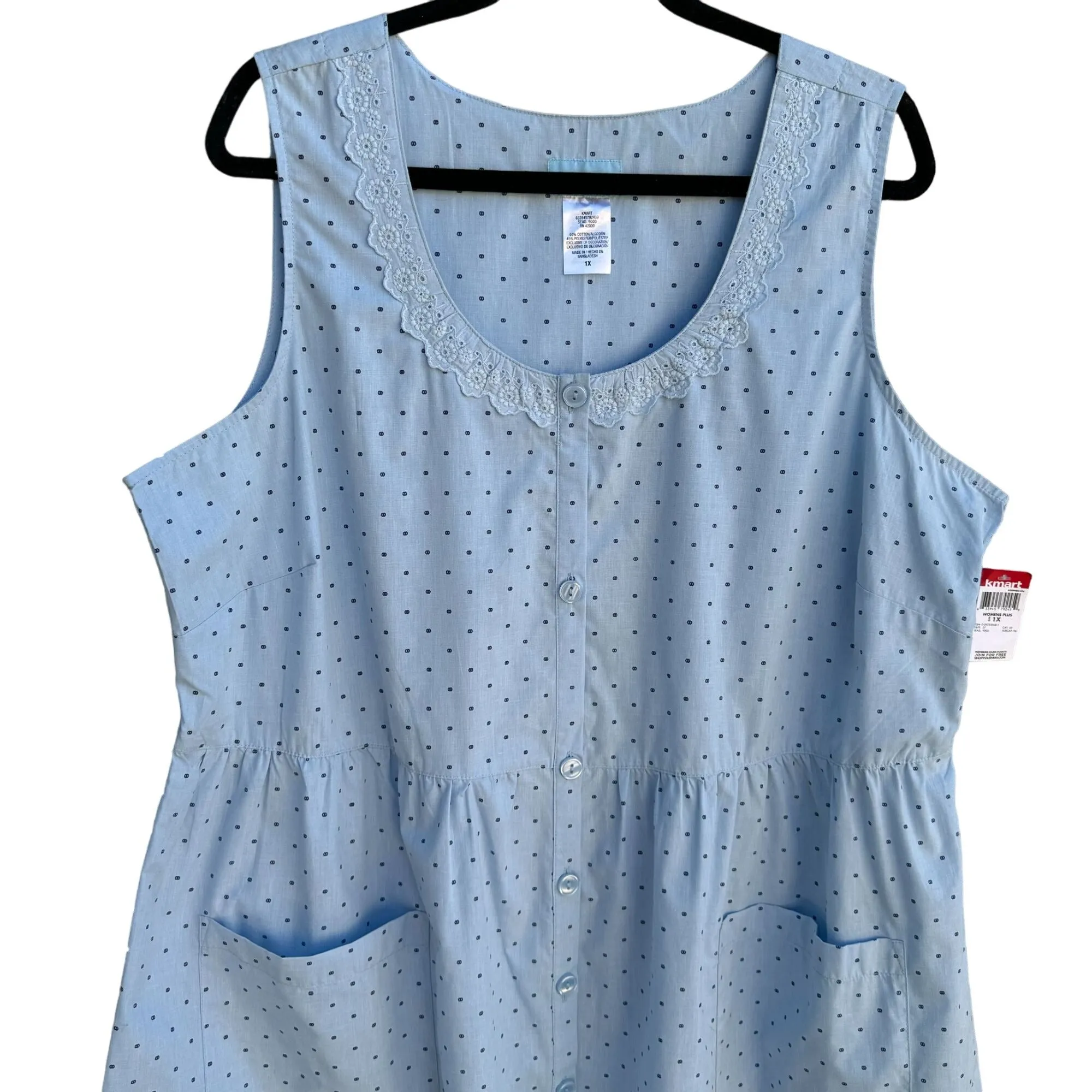 Basic Editions K-Mart Women's Sleeveless Blue Polka Dot Button Front Dress - New