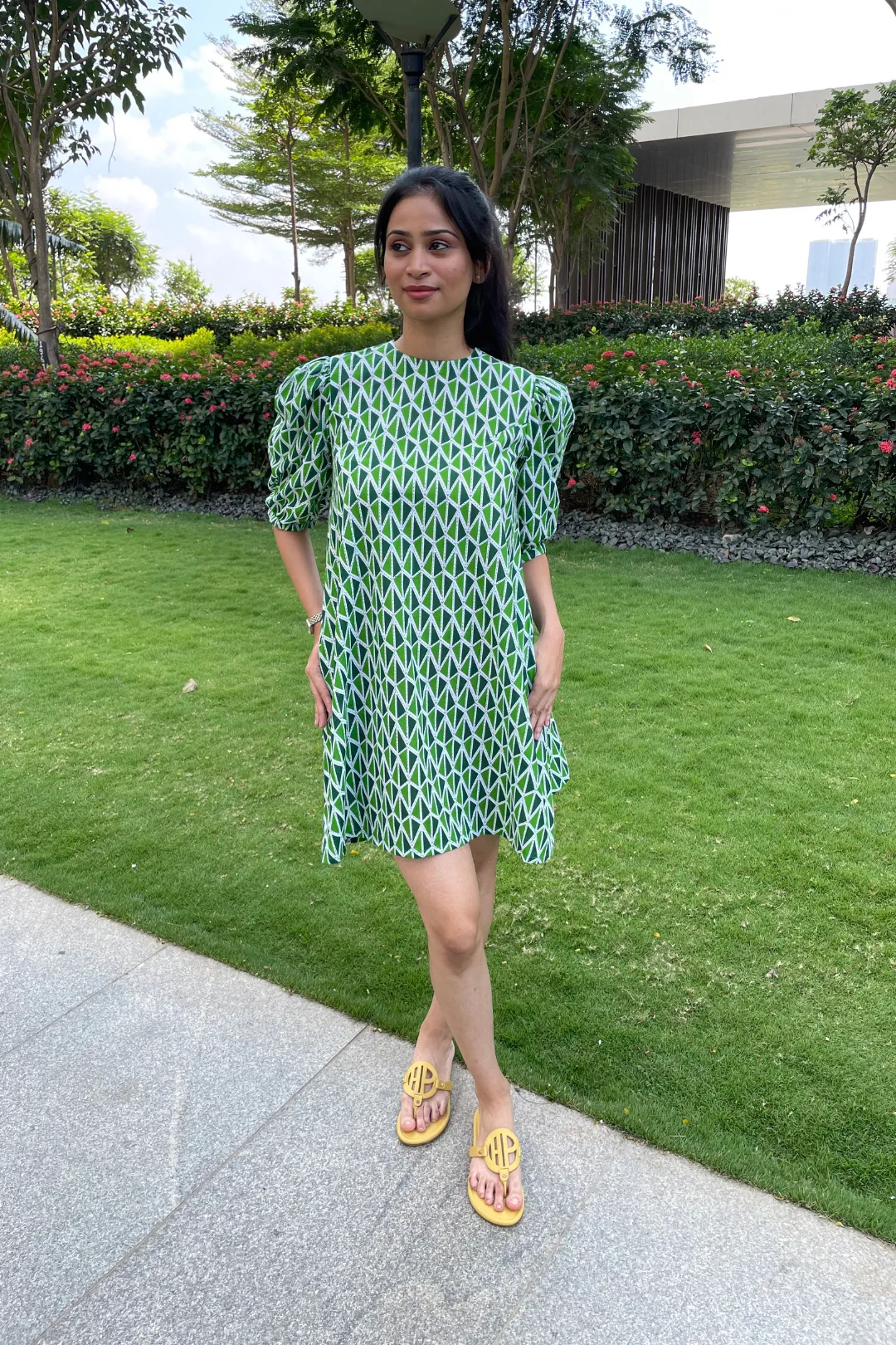 Beatrice - Green and White Geometric Printed Shift Dress