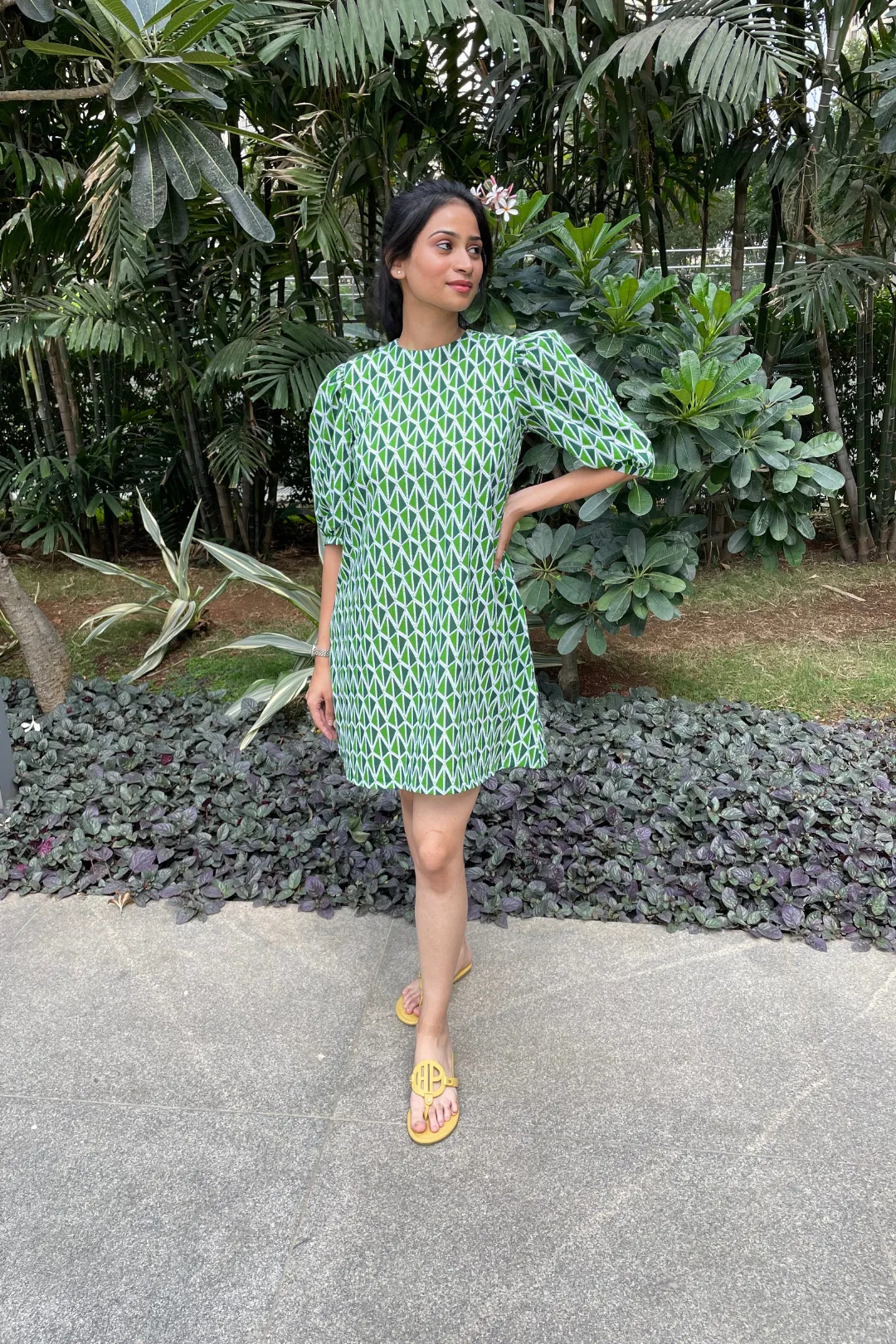 Beatrice - Green and White Geometric Printed Shift Dress