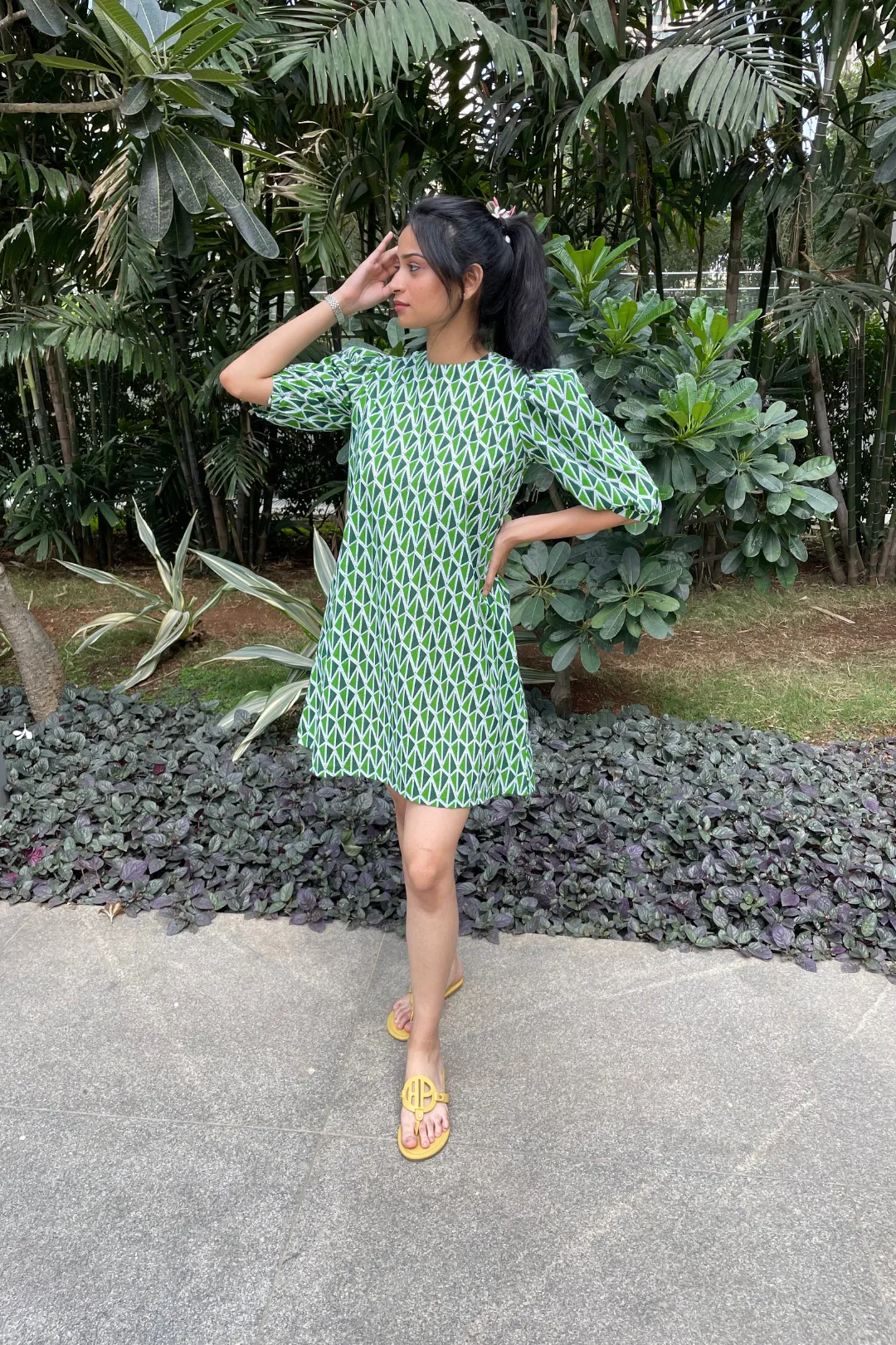 Beatrice - Green and White Geometric Printed Shift Dress