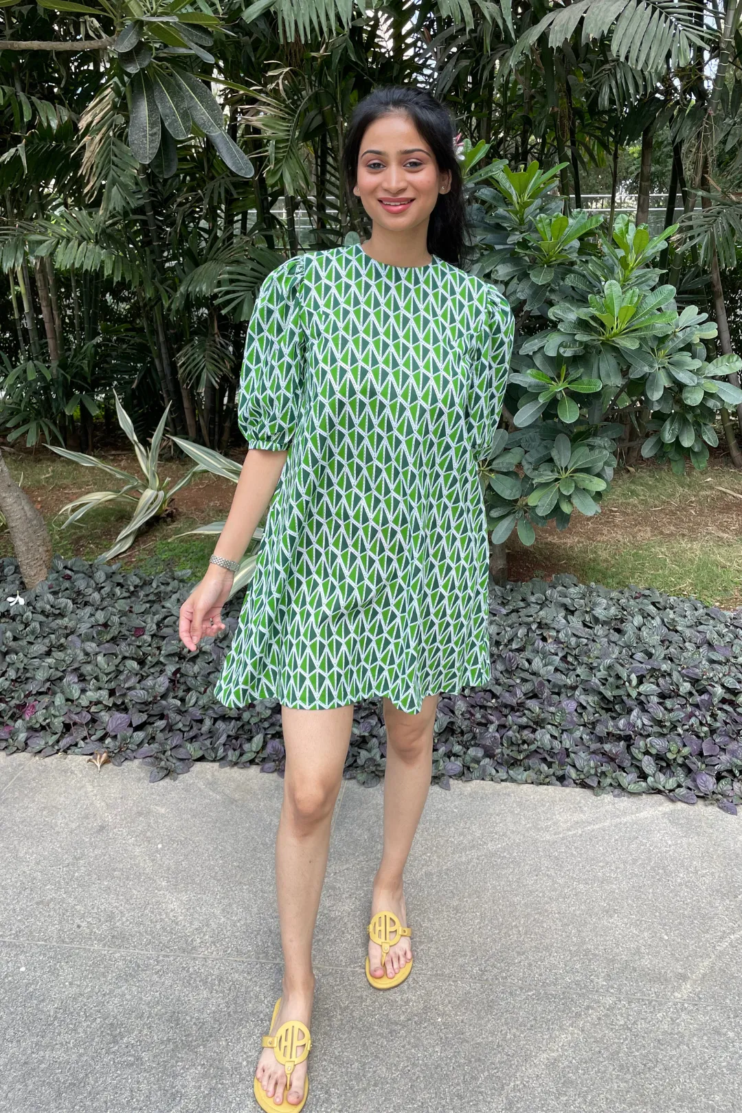 Beatrice - Green and White Geometric Printed Shift Dress