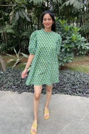 Beatrice - Green and White Geometric Printed Shift Dress