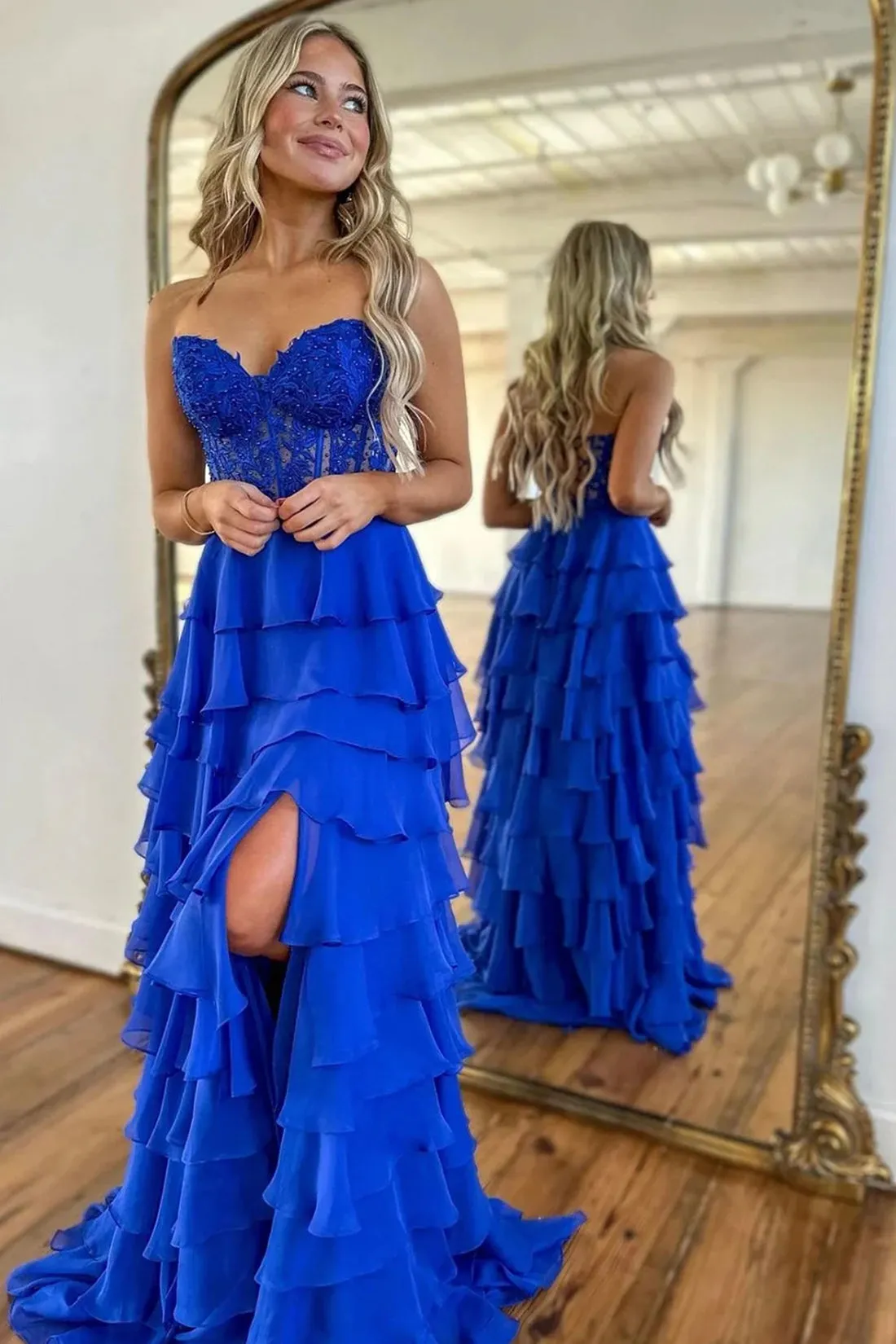 Beautiful Ruffle Tiered Chiffon Lace Prom Dress, A-Line Strapless Party Dress