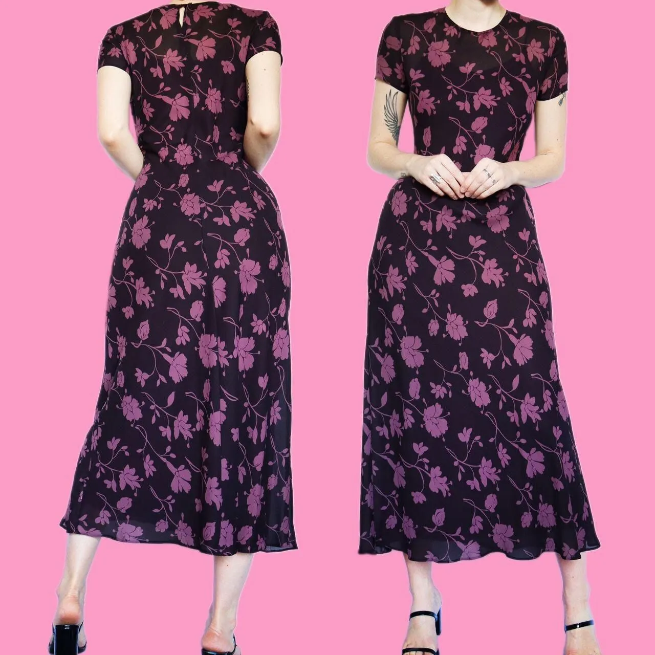 Beautiful vintage 90s purple floral chiffon short sleeve midi dress UK 12