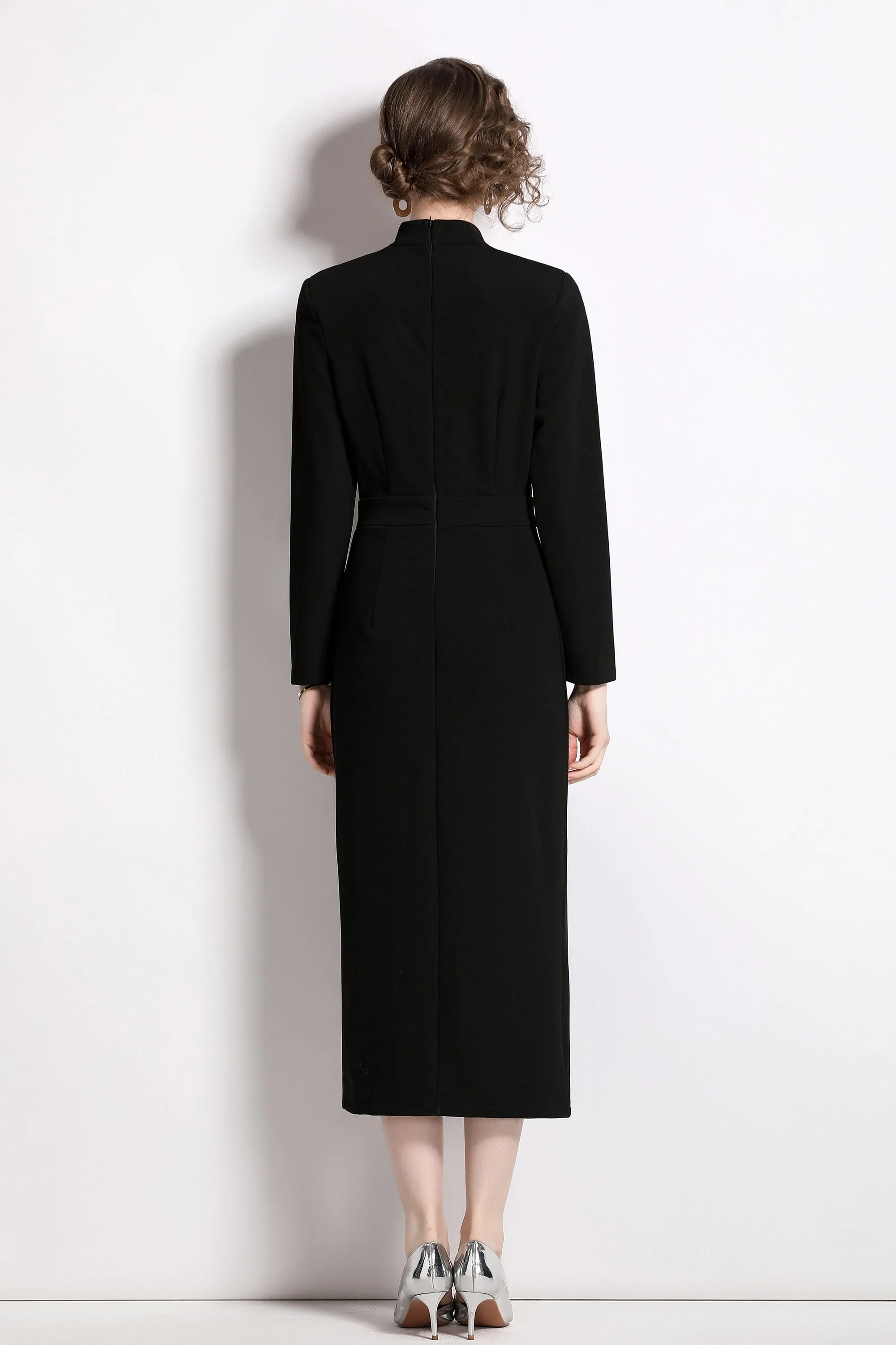 BK- butterfly knot Long sleeve button split hem dress with pocket