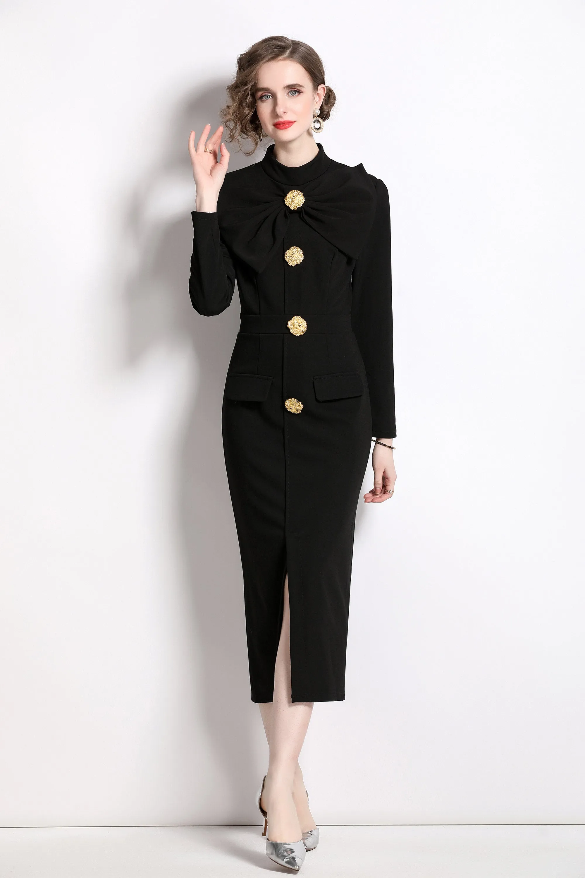 BK- butterfly knot Long sleeve button split hem dress with pocket