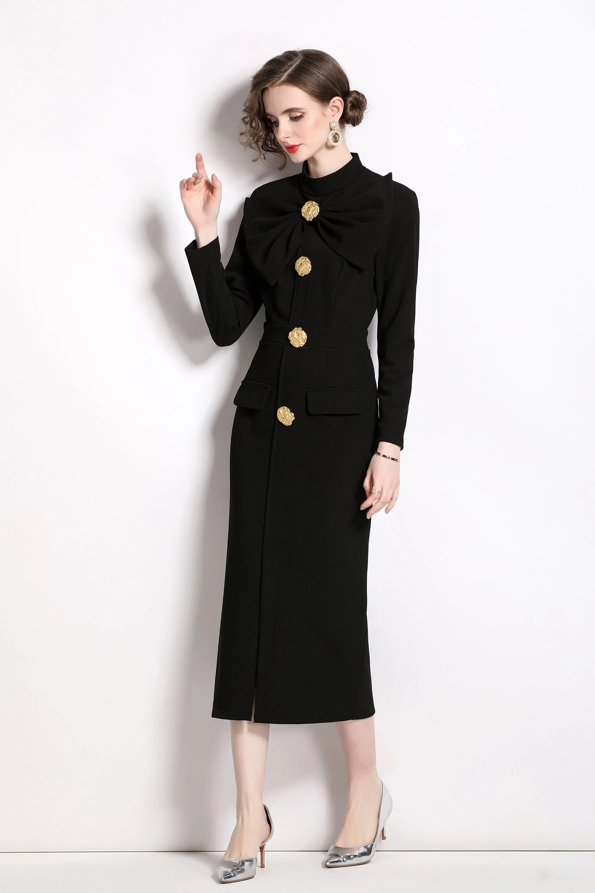 BK- butterfly knot Long sleeve button split hem dress with pocket
