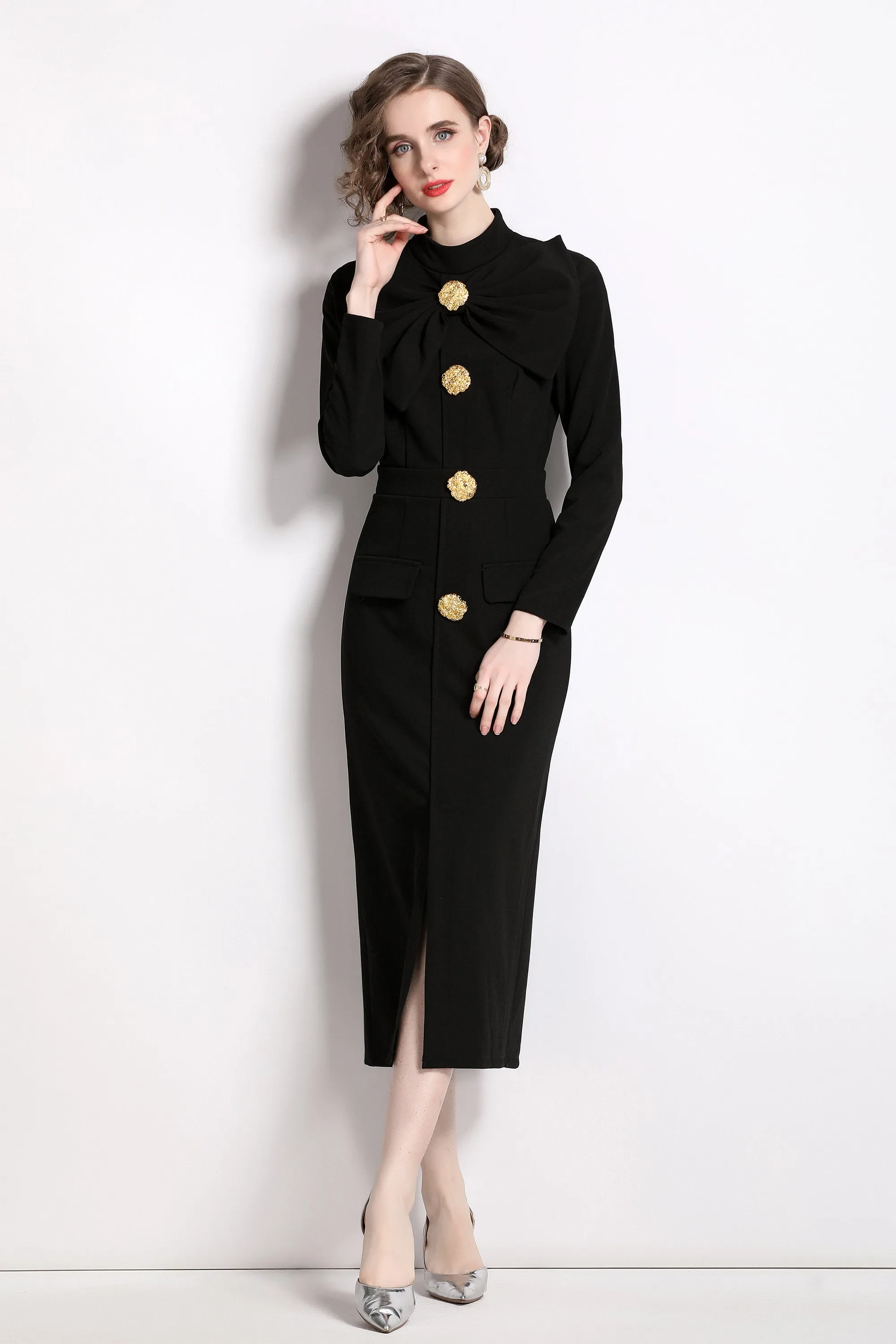 BK- butterfly knot Long sleeve button split hem dress with pocket