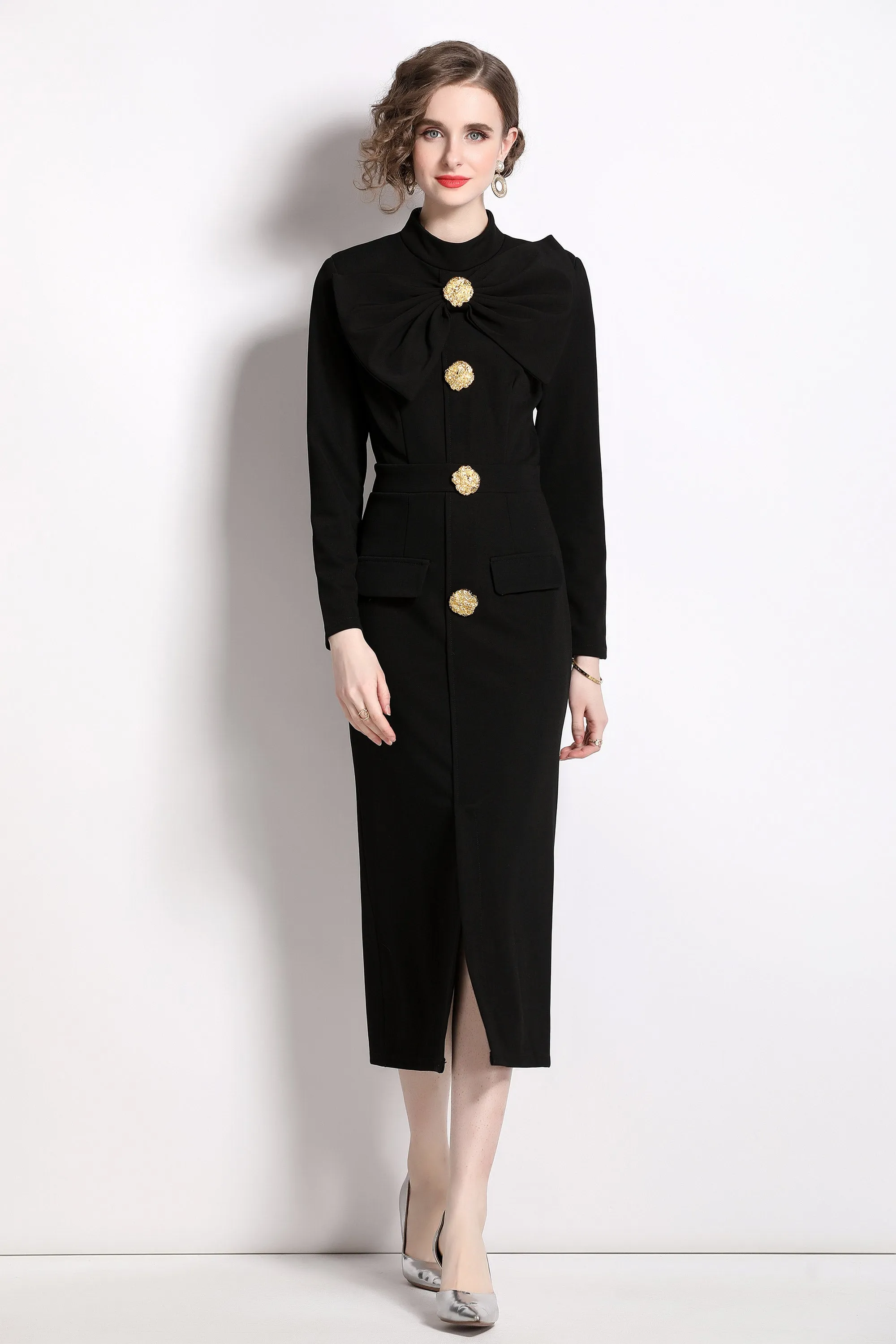 BK- butterfly knot Long sleeve button split hem dress with pocket