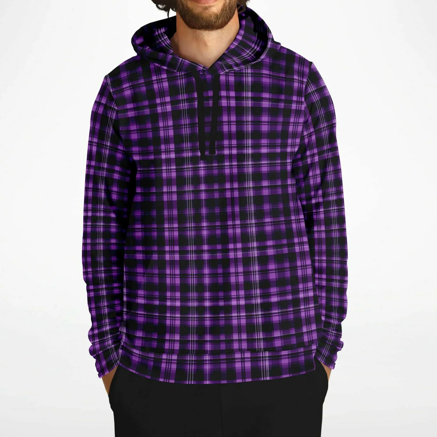 Black and Purple Plaid Hoodie, Tartan Check Pullover Men Women Adult Aesthetic Graphic Cotton Hooded Sweatshirt with Pockets