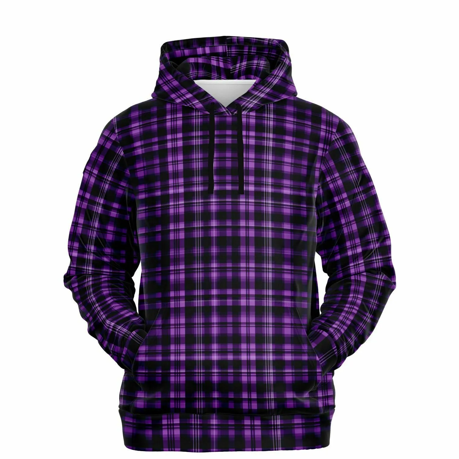 Black and Purple Plaid Hoodie, Tartan Check Pullover Men Women Adult Aesthetic Graphic Cotton Hooded Sweatshirt with Pockets