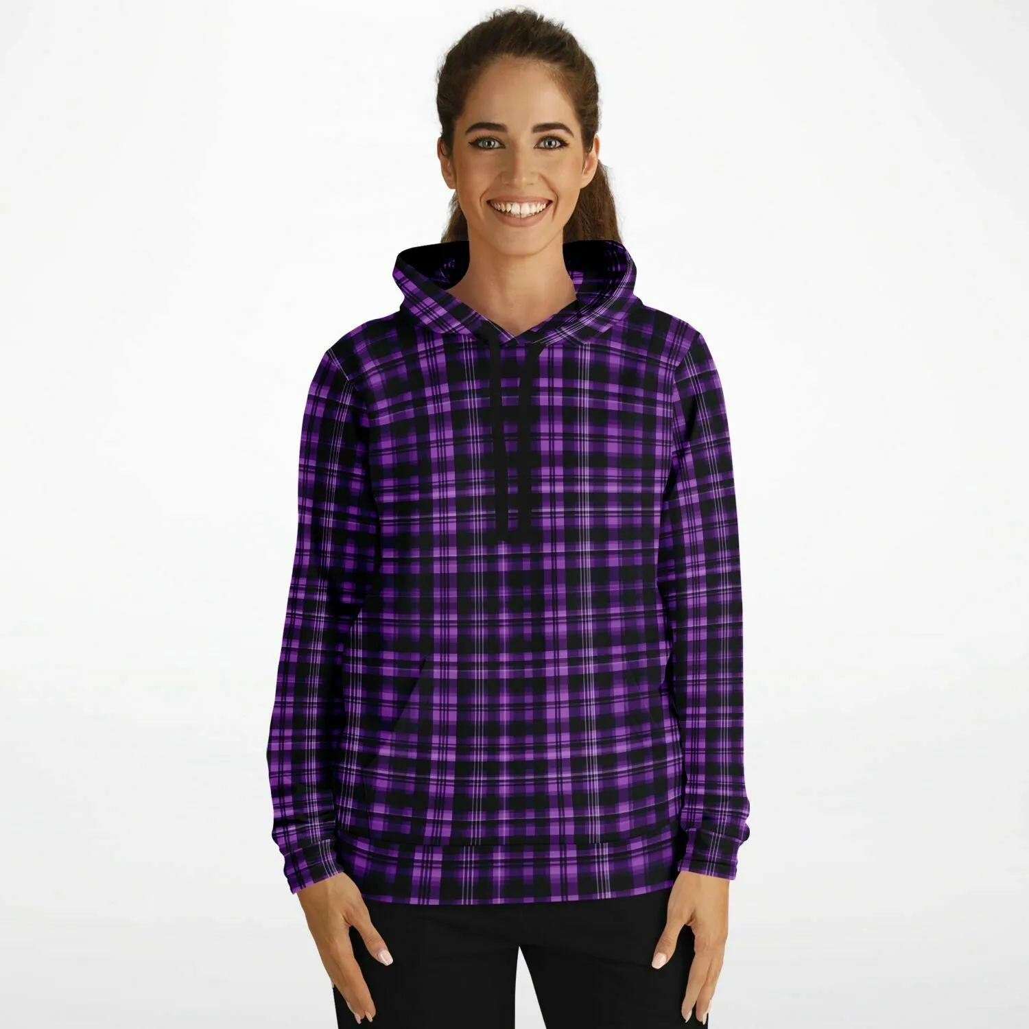 Black and Purple Plaid Hoodie, Tartan Check Pullover Men Women Adult Aesthetic Graphic Cotton Hooded Sweatshirt with Pockets