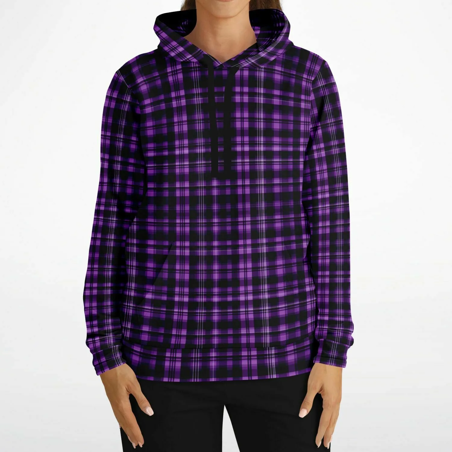 Black and Purple Plaid Hoodie, Tartan Check Pullover Men Women Adult Aesthetic Graphic Cotton Hooded Sweatshirt with Pockets
