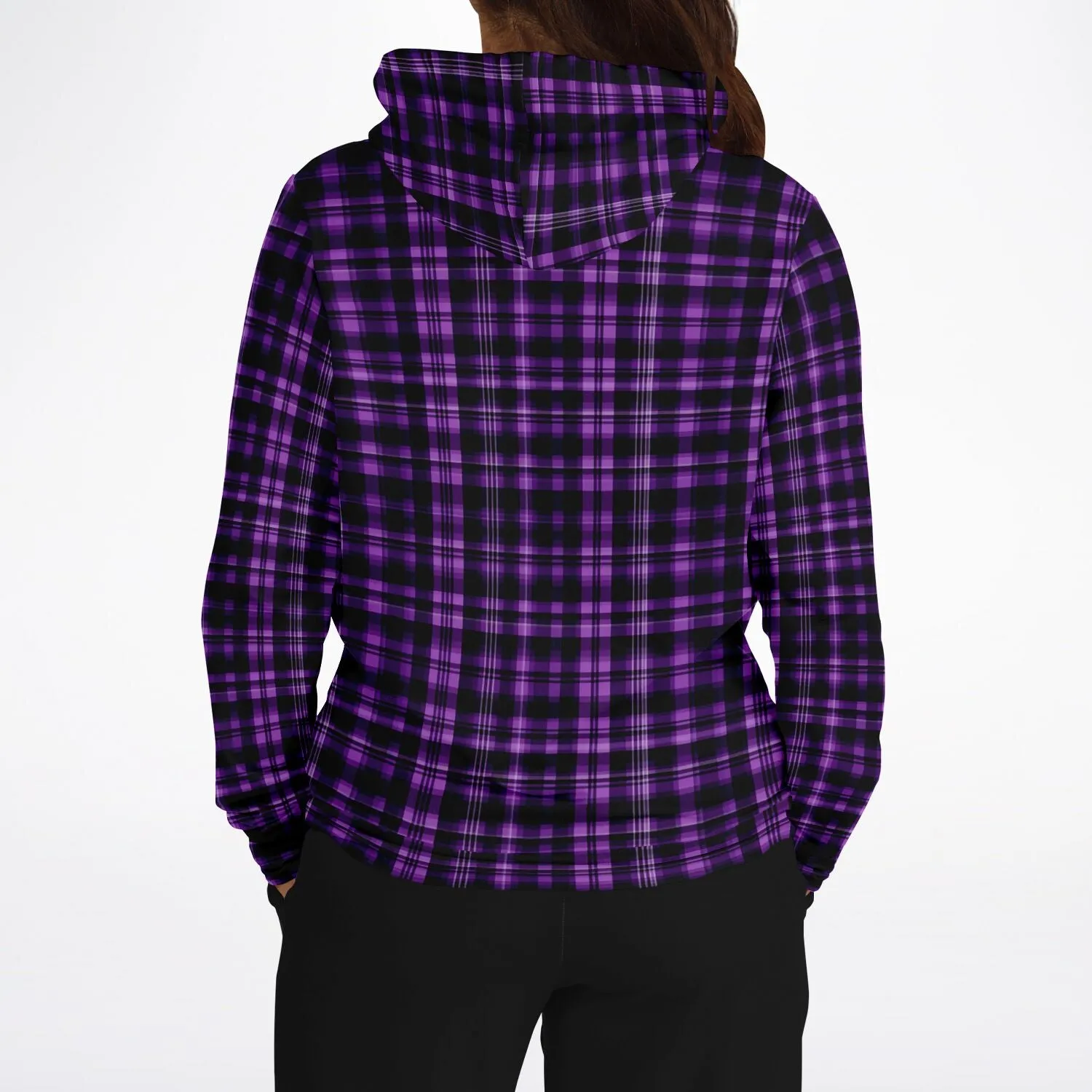 Black and Purple Plaid Hoodie, Tartan Check Pullover Men Women Adult Aesthetic Graphic Cotton Hooded Sweatshirt with Pockets