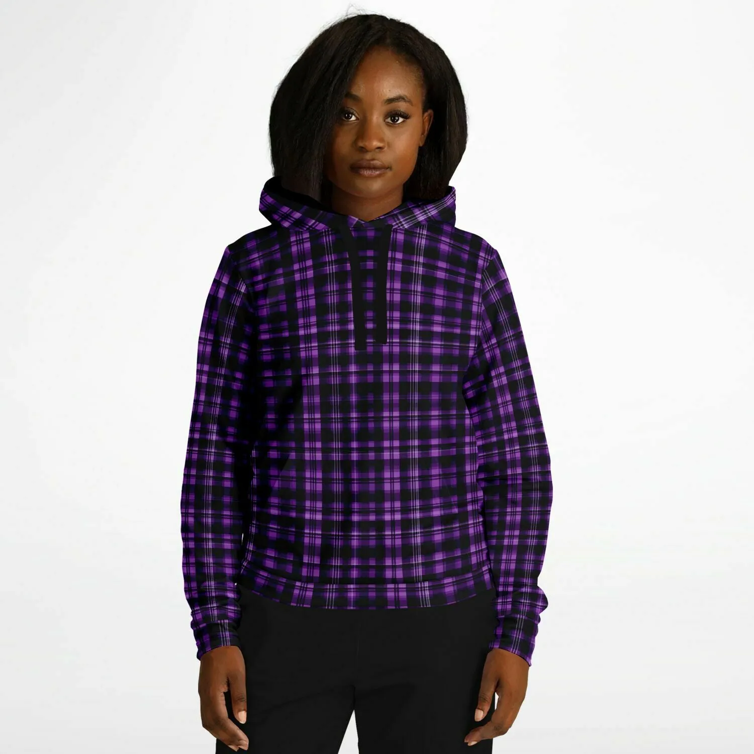 Black and Purple Plaid Hoodie, Tartan Check Pullover Men Women Adult Aesthetic Graphic Cotton Hooded Sweatshirt with Pockets