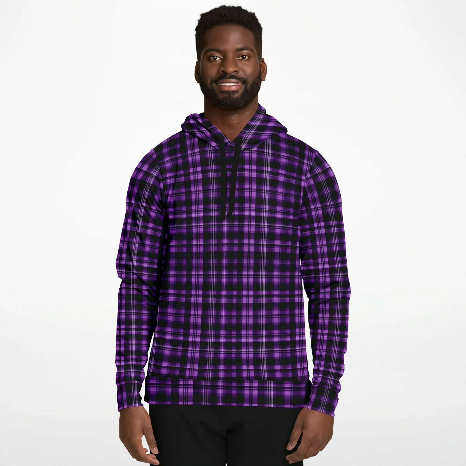 Black and Purple Plaid Hoodie, Tartan Check Pullover Men Women Adult Aesthetic Graphic Cotton Hooded Sweatshirt with Pockets
