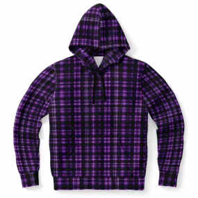 Black and Purple Plaid Hoodie, Tartan Check Pullover Men Women Adult Aesthetic Graphic Cotton Hooded Sweatshirt with Pockets