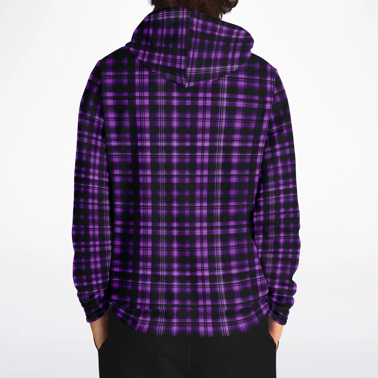 Black and Purple Plaid Hoodie, Tartan Check Pullover Men Women Adult Aesthetic Graphic Cotton Hooded Sweatshirt with Pockets
