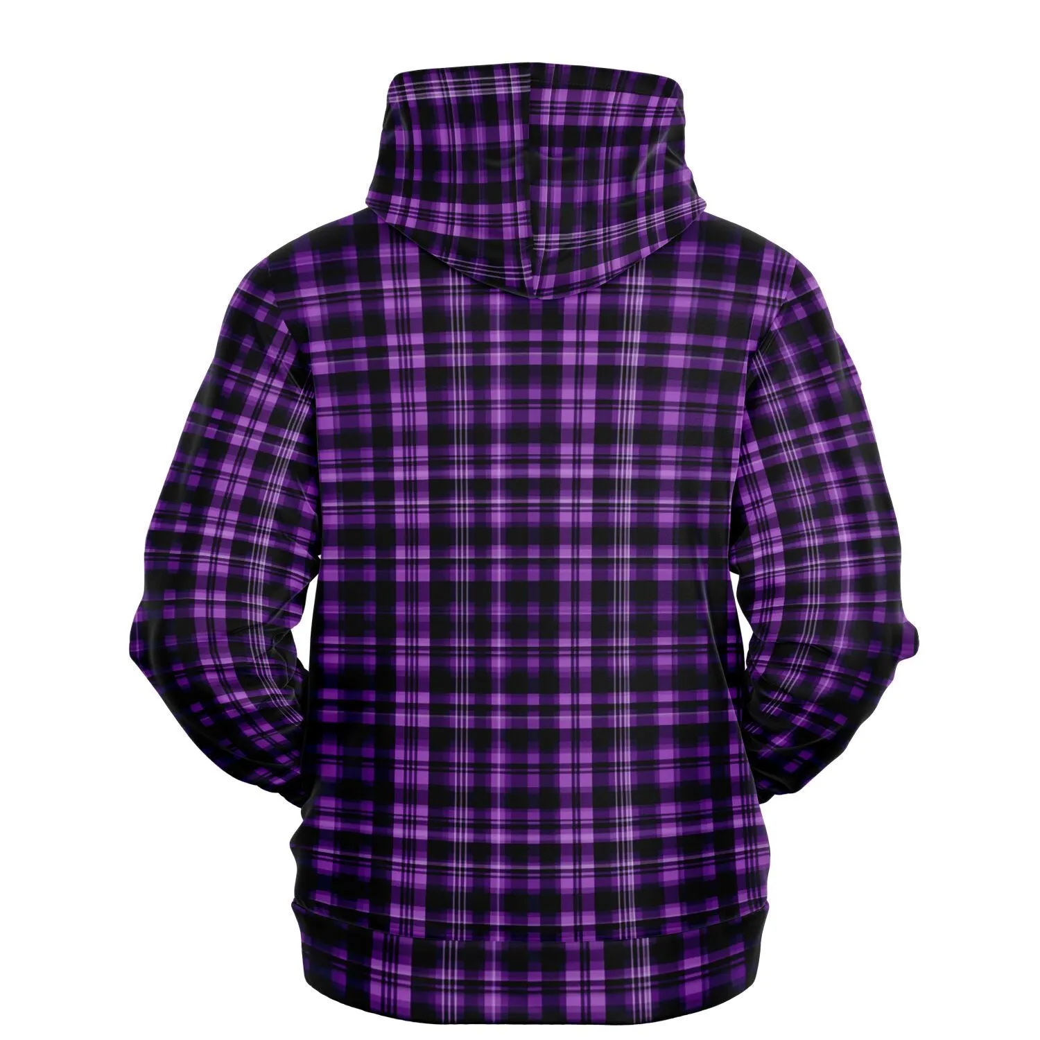 Black and Purple Plaid Hoodie, Tartan Check Pullover Men Women Adult Aesthetic Graphic Cotton Hooded Sweatshirt with Pockets