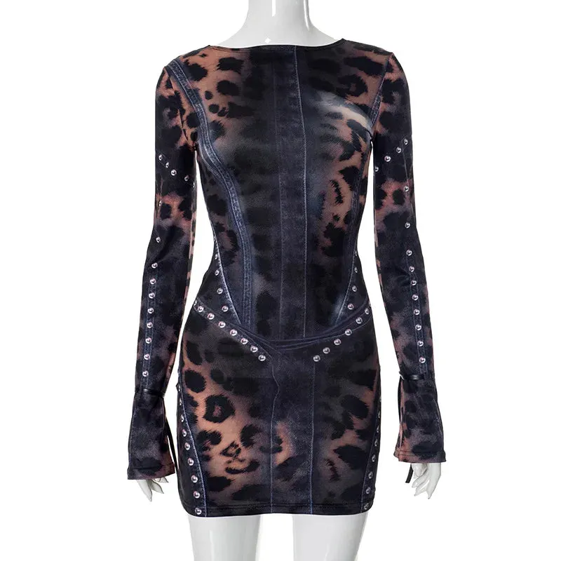 Black Animal Print Long Sleeve Bodycon Mini Dress