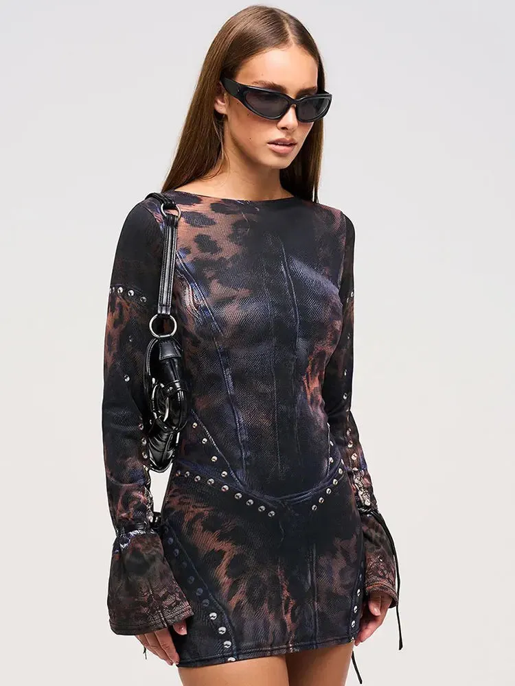 Black Animal Print Long Sleeve Bodycon Mini Dress