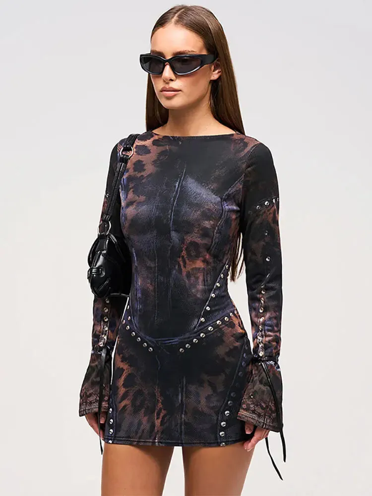 Black Animal Print Long Sleeve Bodycon Mini Dress