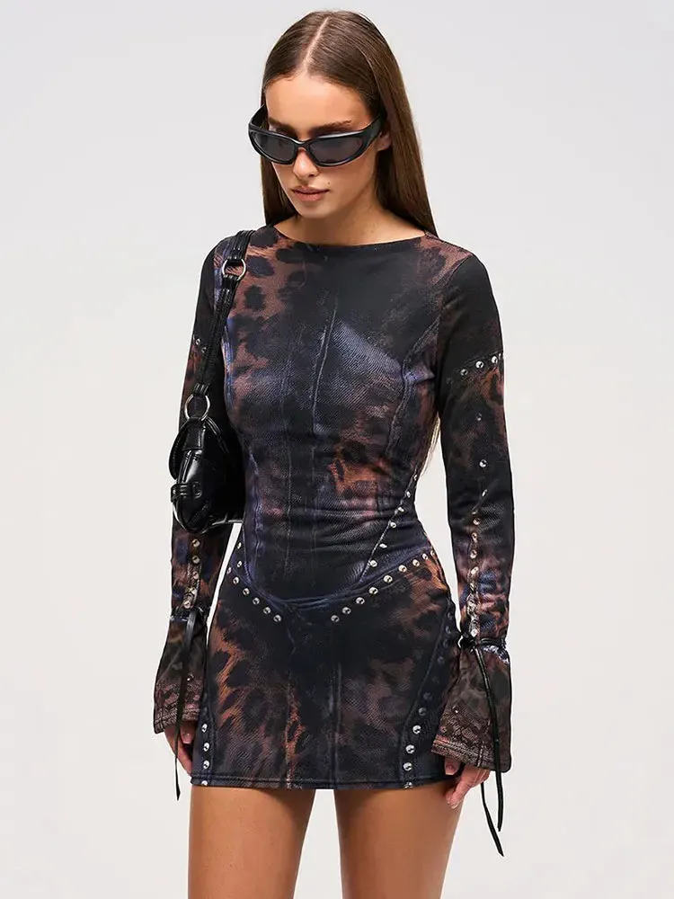 Black Animal Print Long Sleeve Bodycon Mini Dress