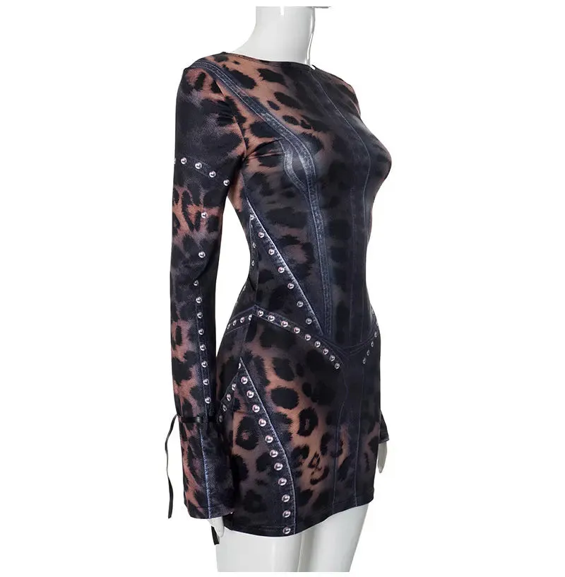 Black Animal Print Long Sleeve Bodycon Mini Dress