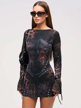Black Animal Print Long Sleeve Bodycon Mini Dress
