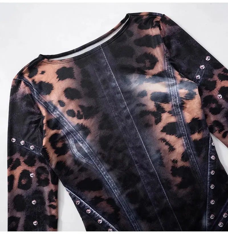 Black Animal Print Long Sleeve Bodycon Mini Dress