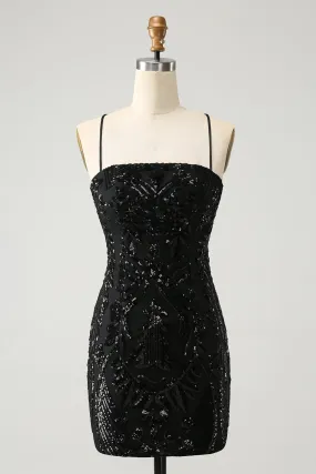 Black Bodycon Spaghetti Straps Lace Up Back Short Homecoming Dress with Sequins