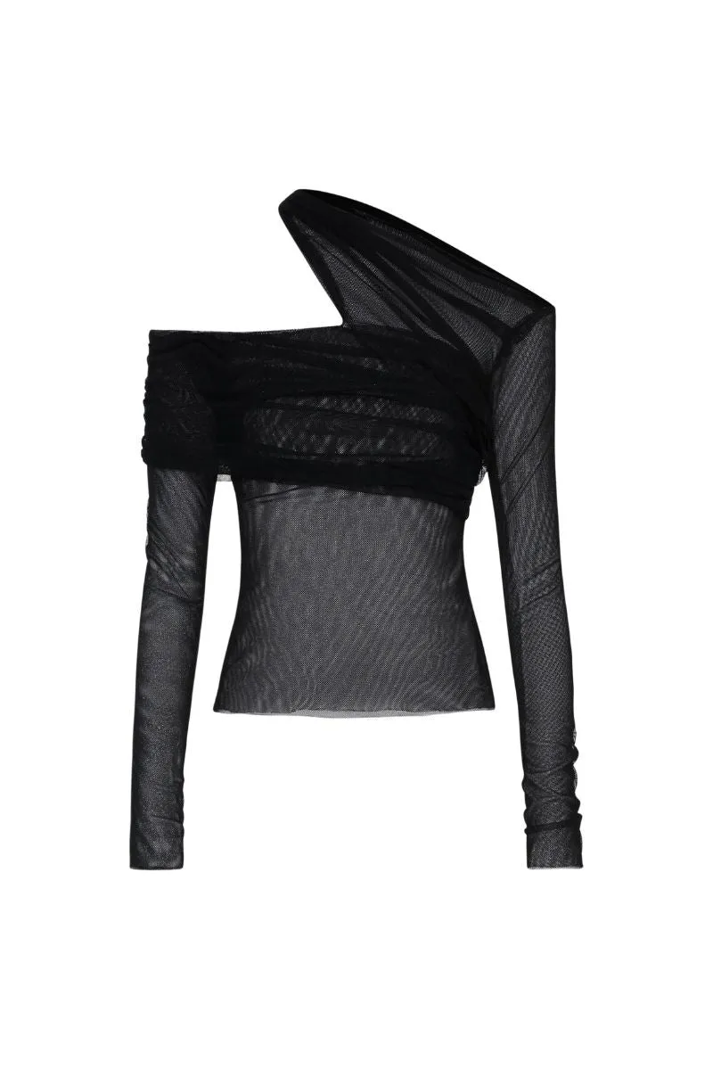 BLACK DRAP ASYMMETRIC OFF-SHOULDER TOP